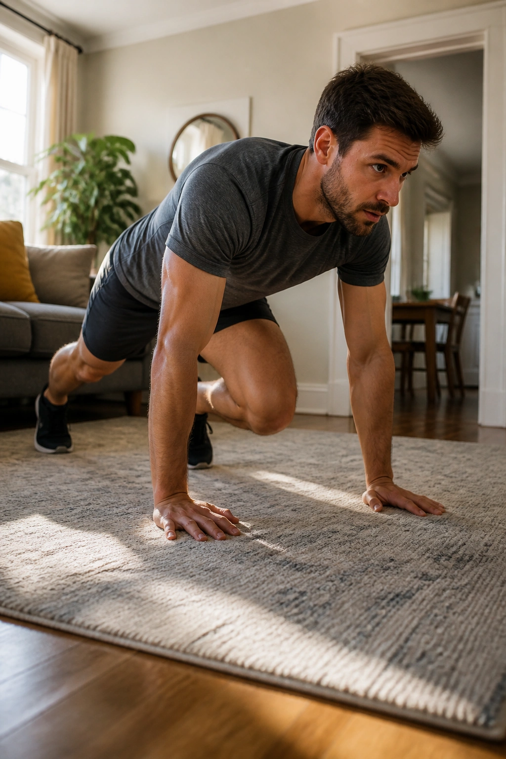 Close-up of a fit person mid-movement performing mountain climbers in a cozy living room with a couch