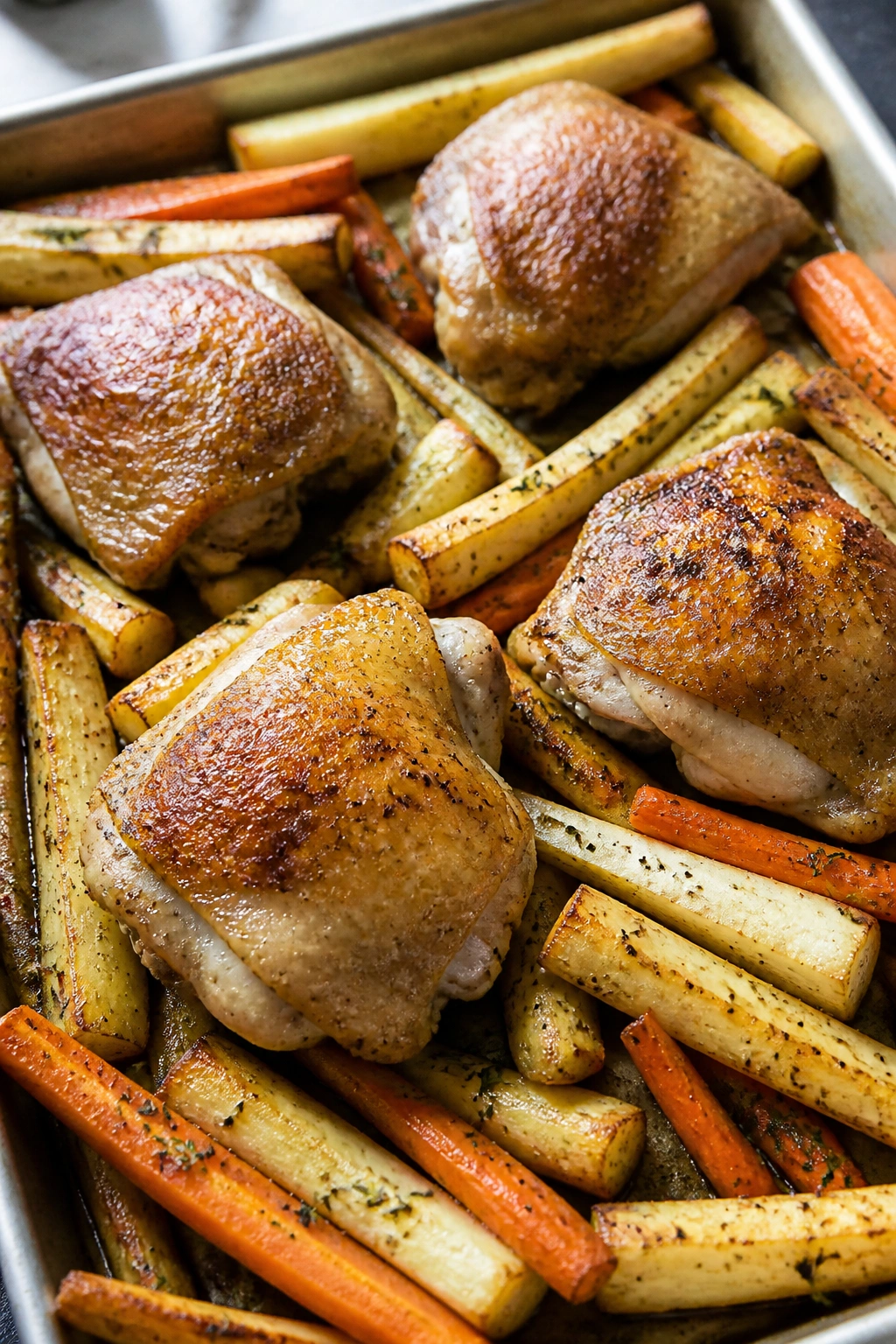 Close-up of roasted chicken thighs with root vegetables on a baking sheet