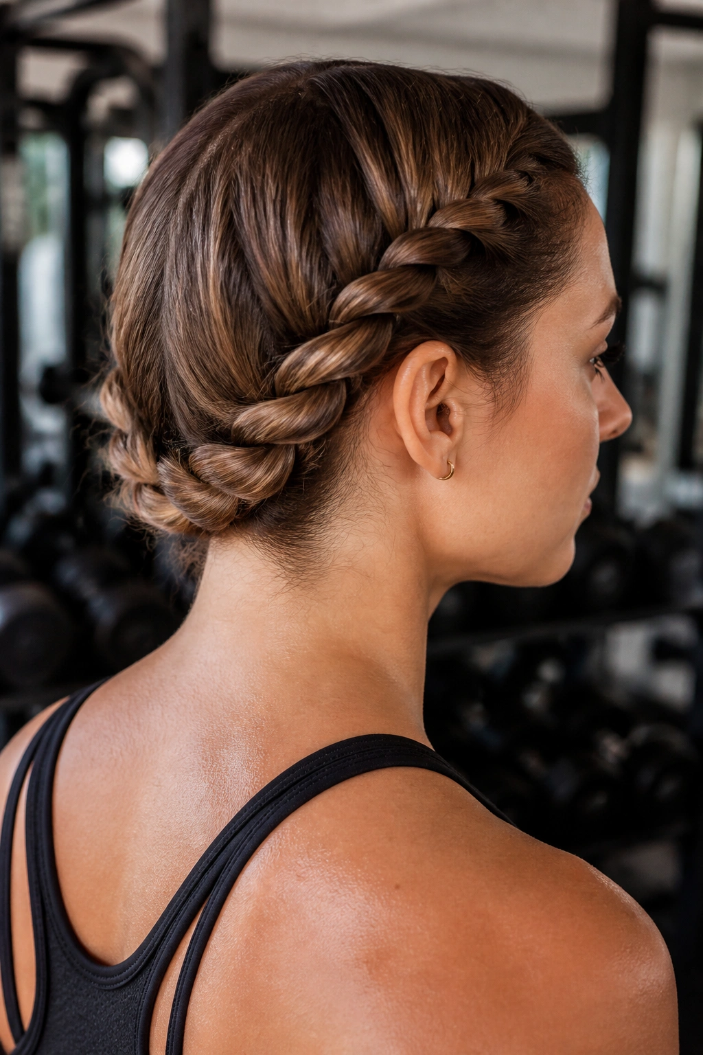 Close-up of a real woman with a rope braid at the back of her head during a workout