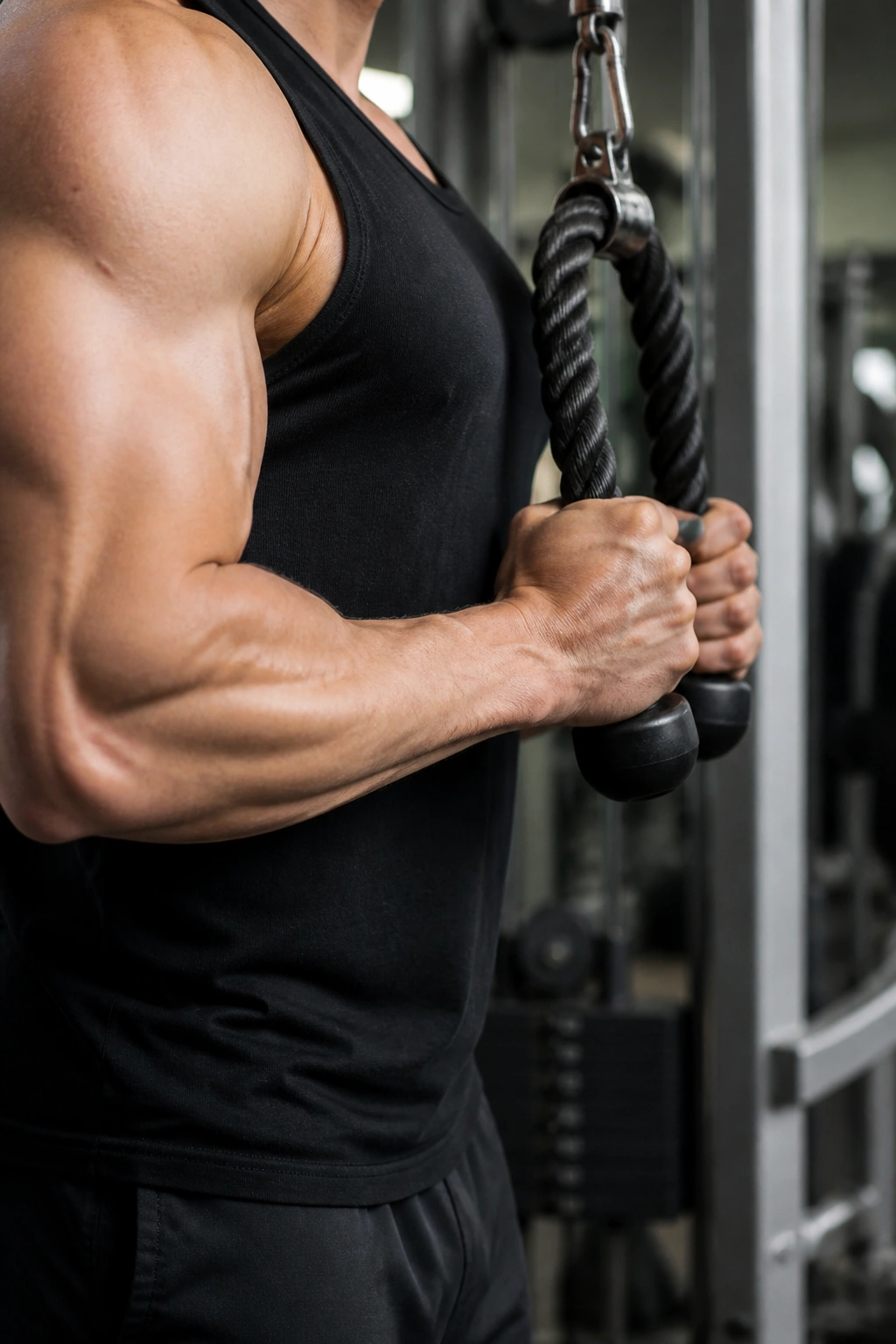 Forearms and hands on rope pushdown at cable machine