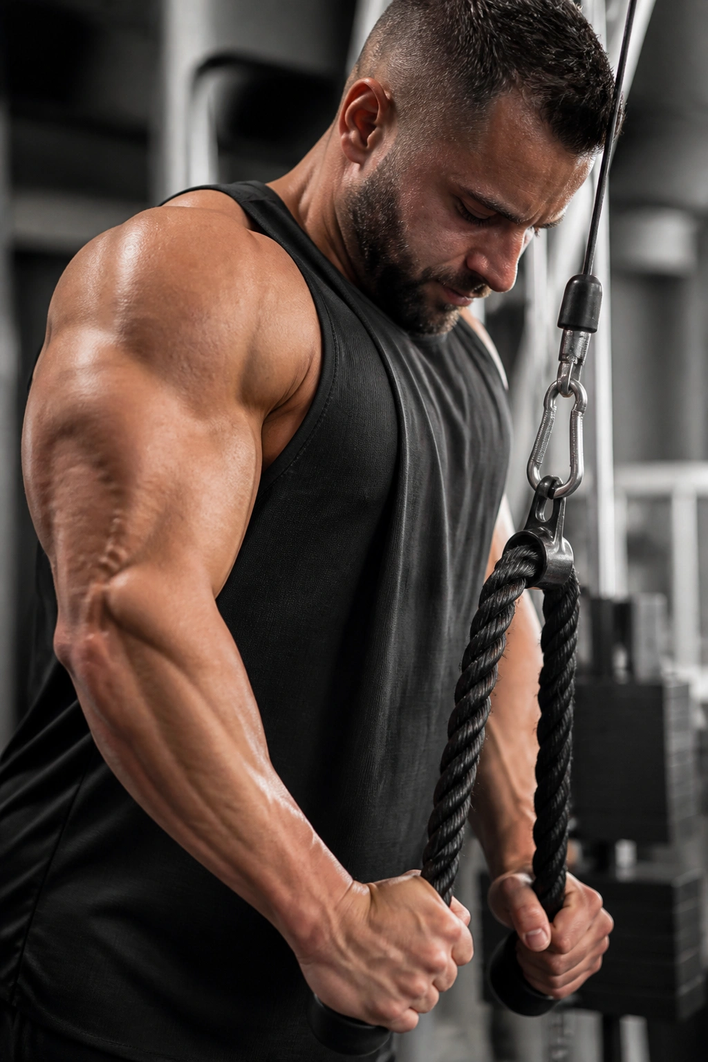 Close-up of forearms and rope during rope pushdowns with elbows tucked