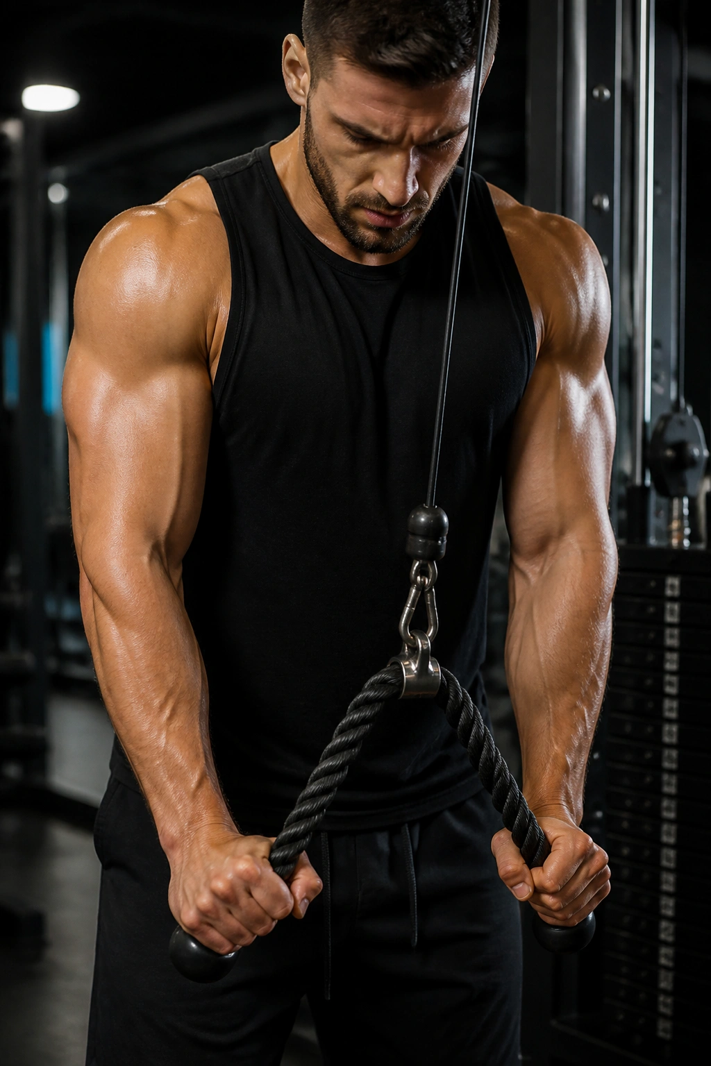 Real person performing rope triceps pushdowns with cable rope.
