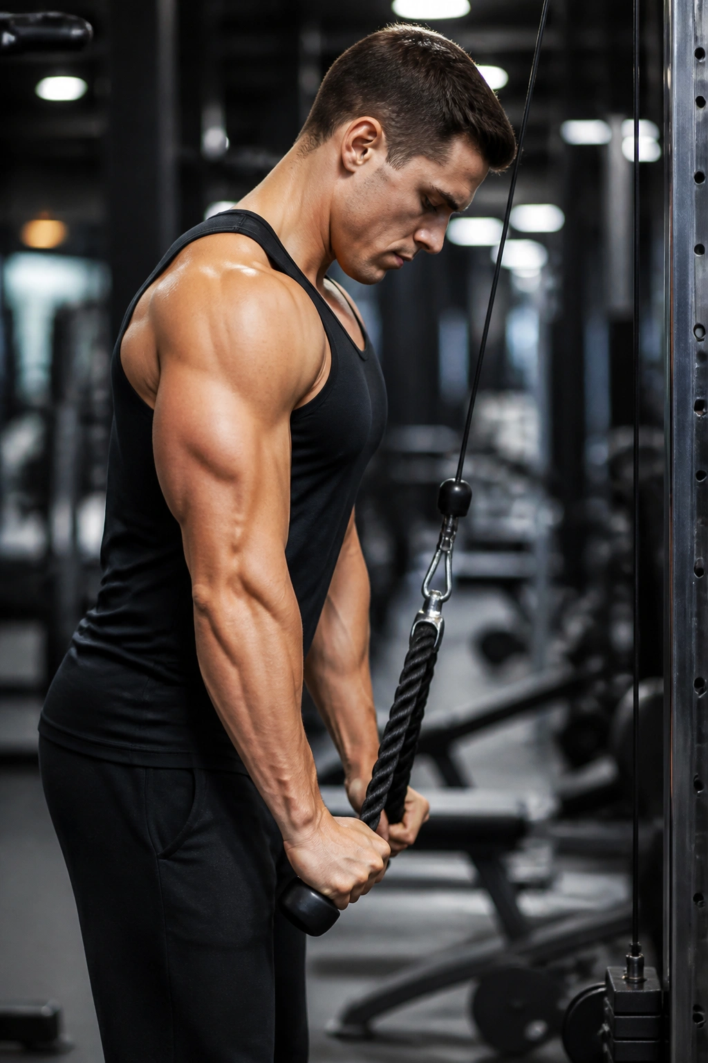 Real person performing rope triceps pushdown at cable stack in gym