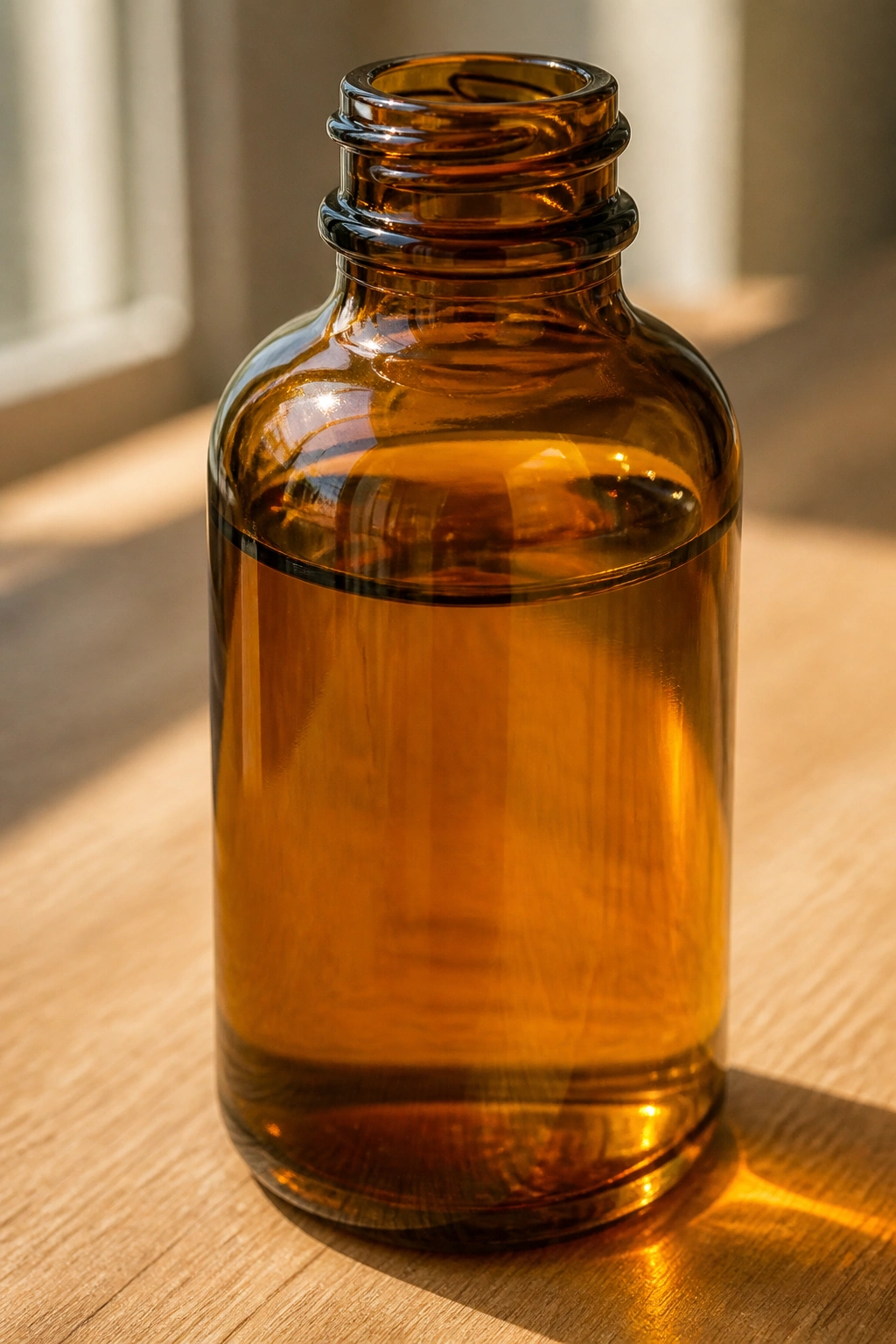 Close-up of unlabeled rosehip seed oil bottle on wooden surface