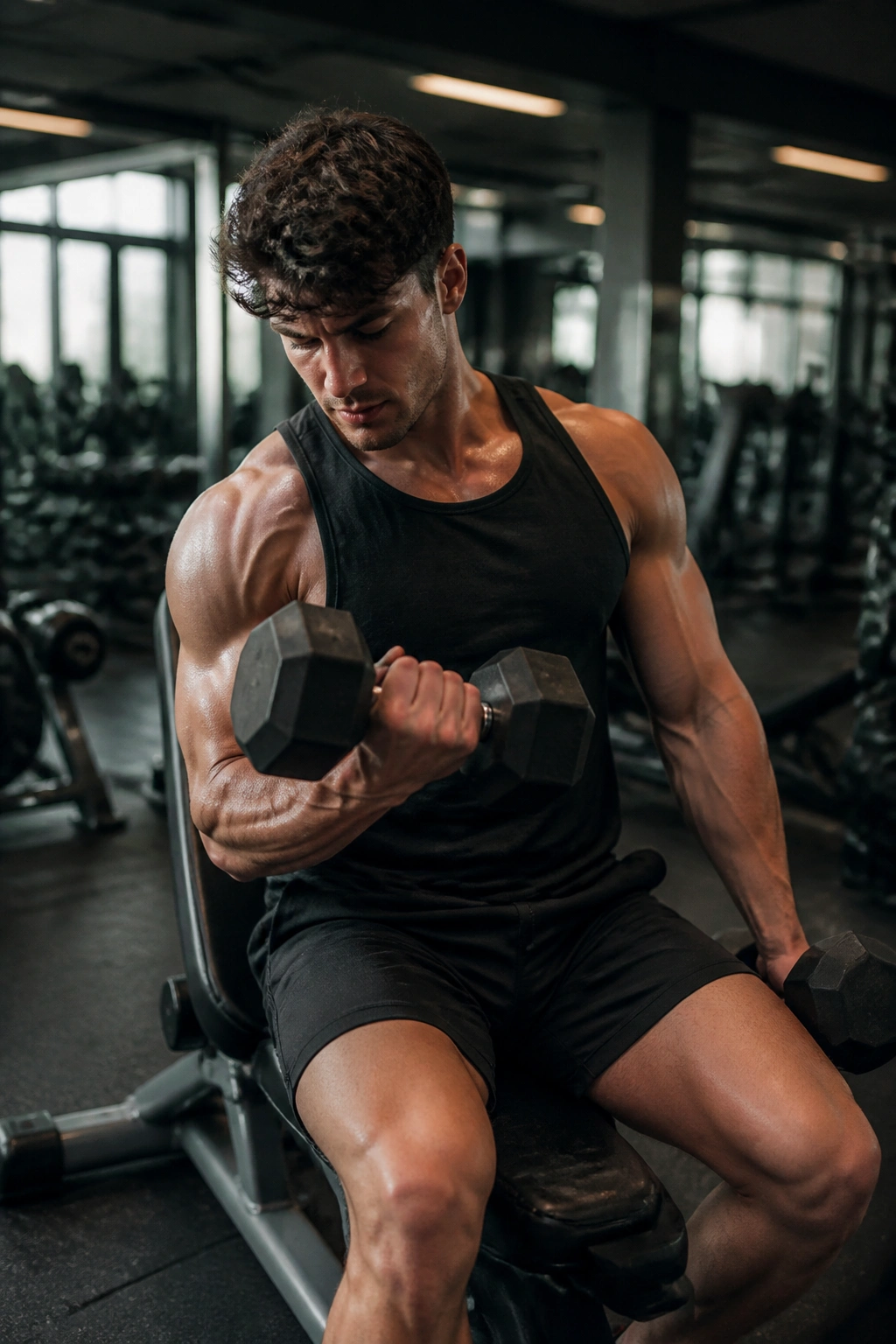 Athlete in gym performing a rotation-driven workout with varied equipment in background