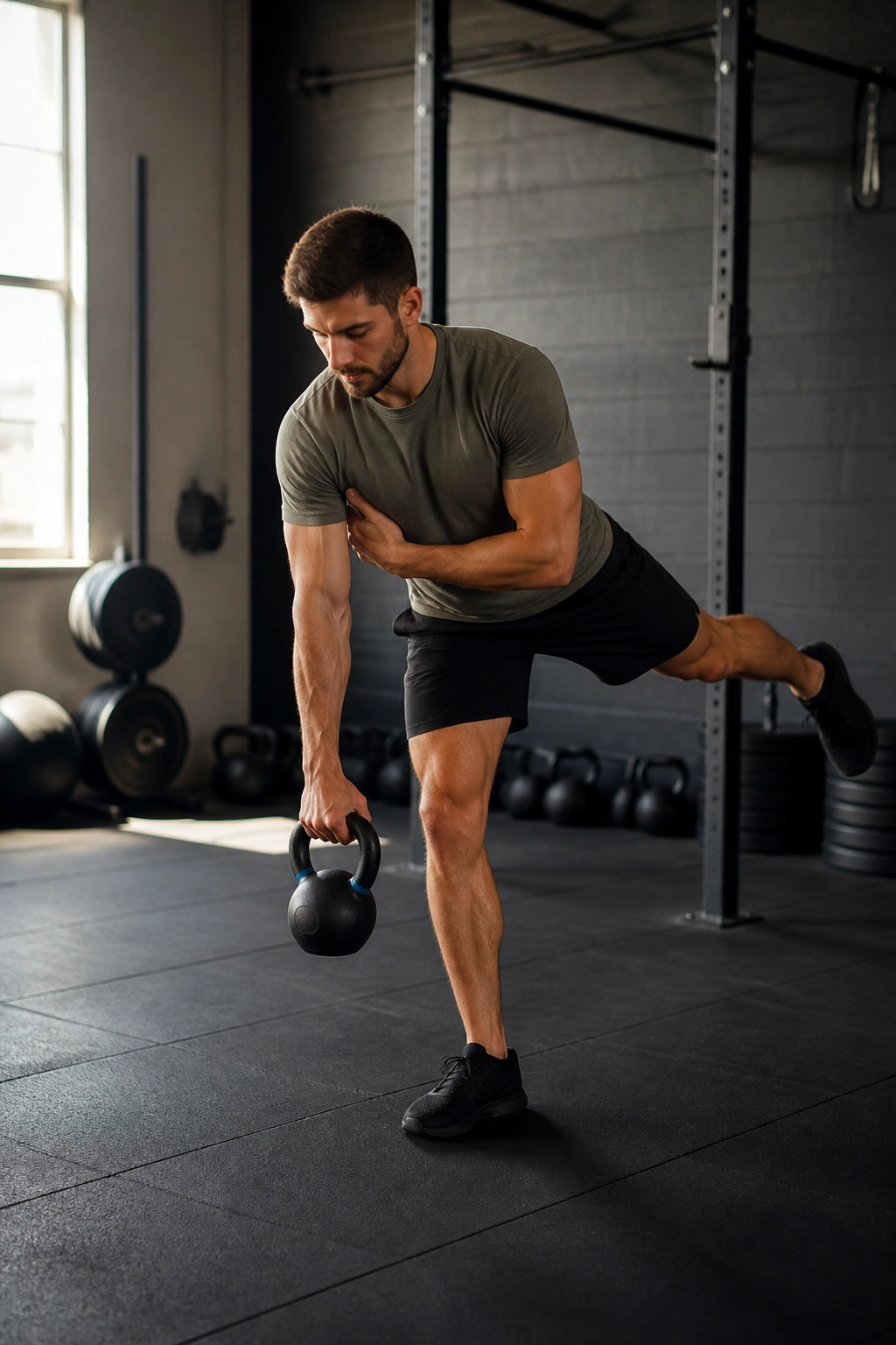 Athlete performing rotational single-leg deadlift in a gym