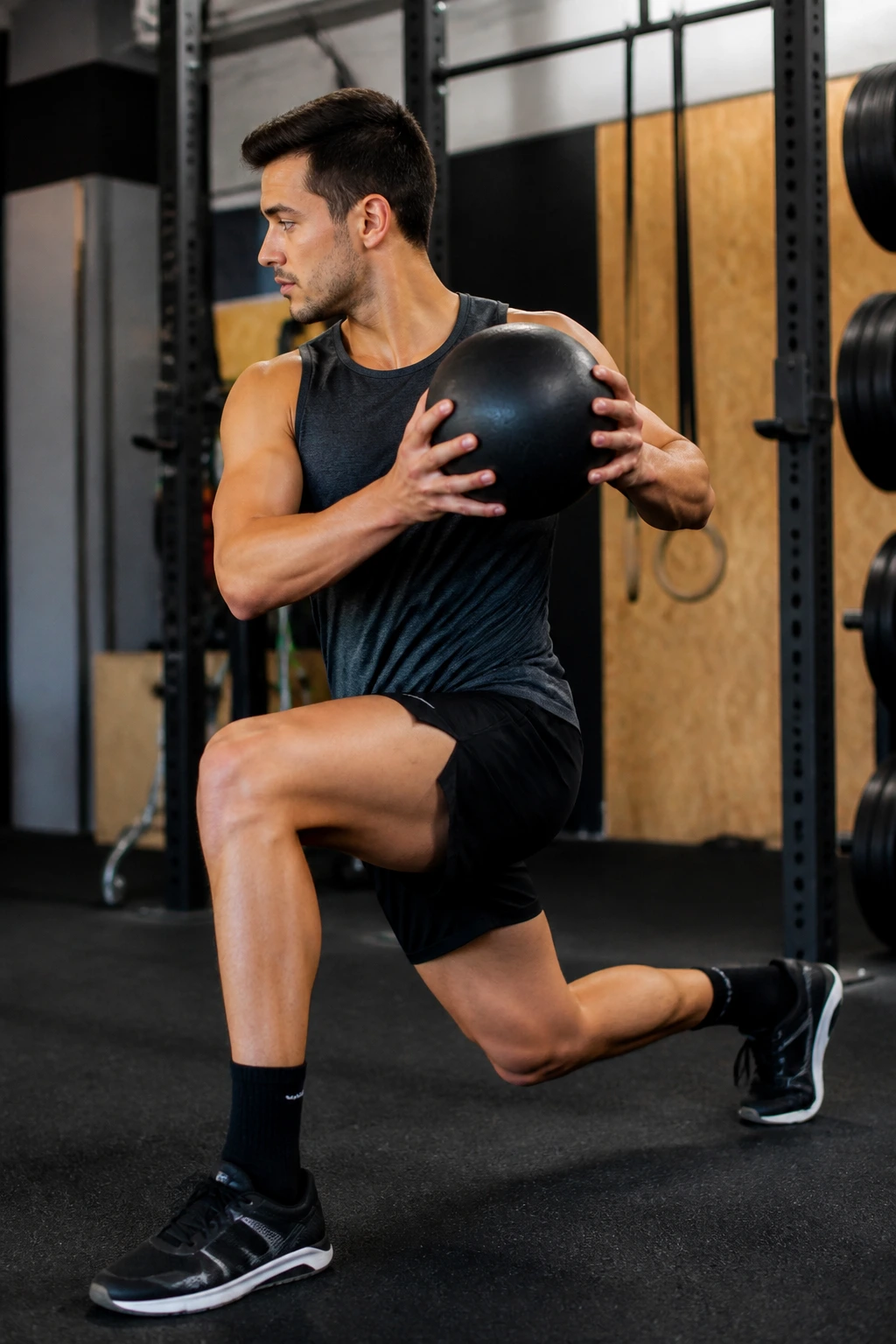 Athlete performing rotational lunge with torso twist in gym.