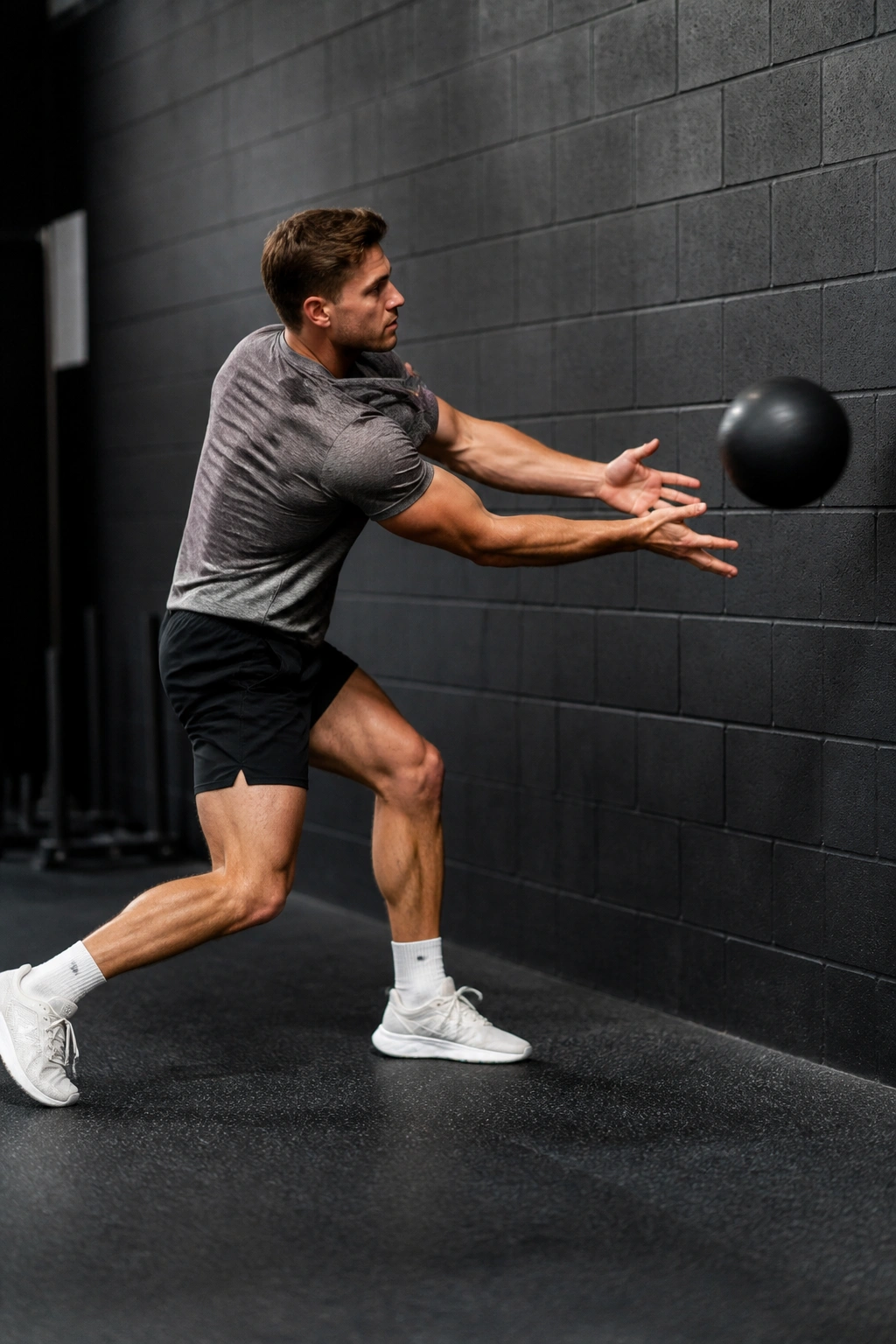 Athlete performing rotational scoop toss with medicine ball
