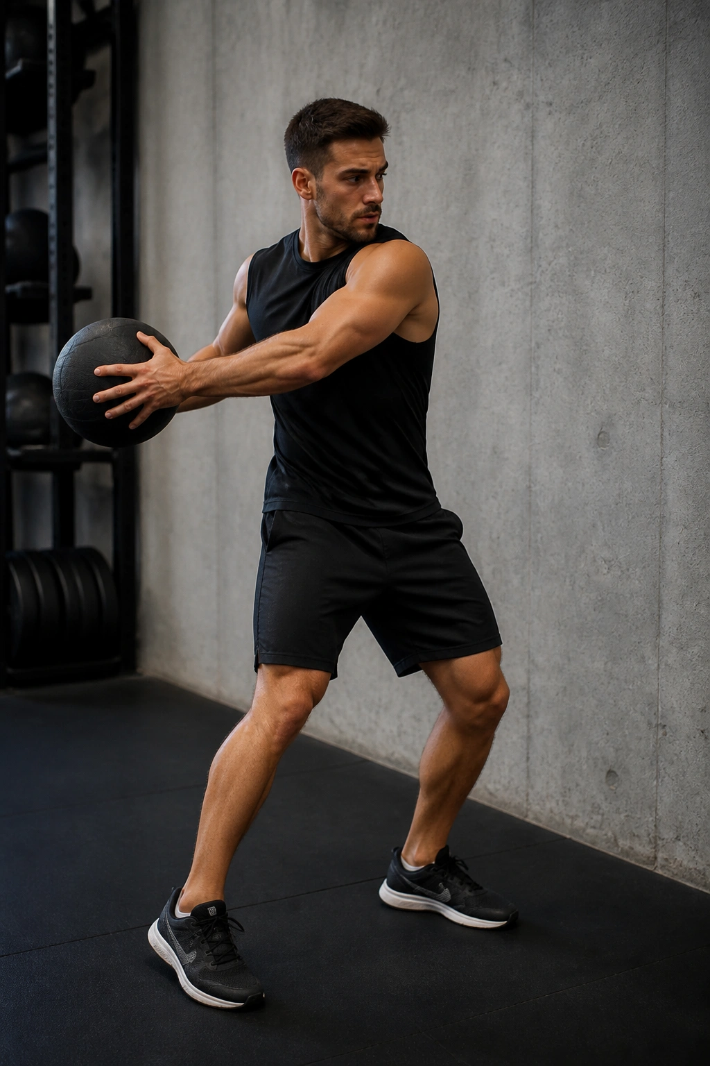 Profile view of athlete performing rotational medicine ball throw