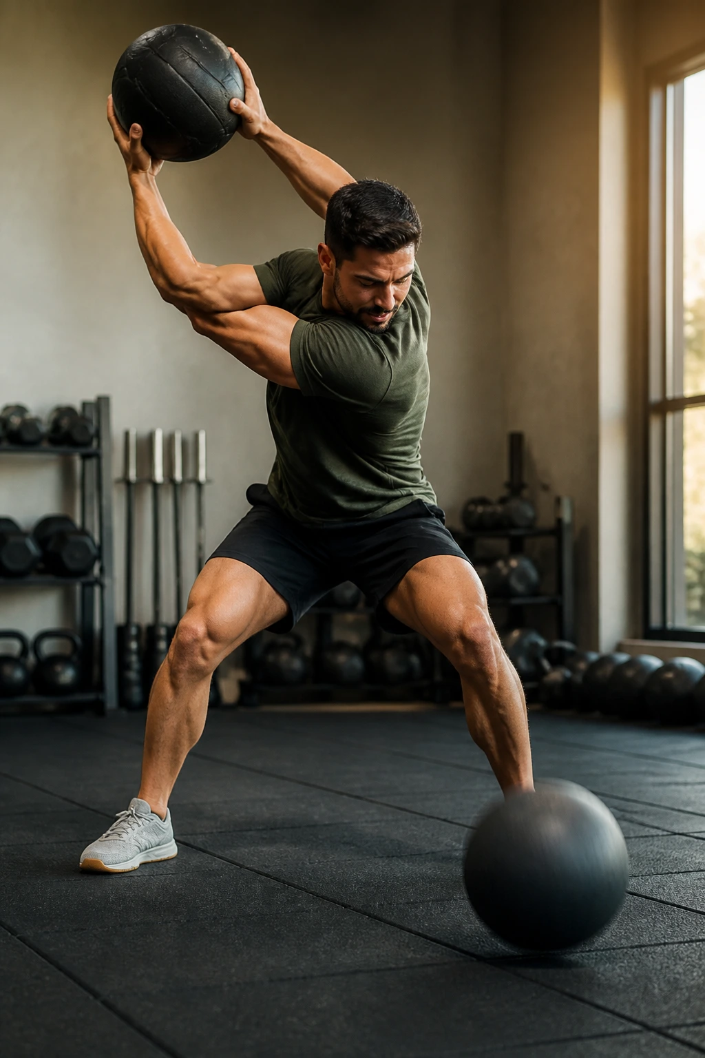Close-up of a person performing Rotational Medicine Ball Slam in a gym, ball mid-twist