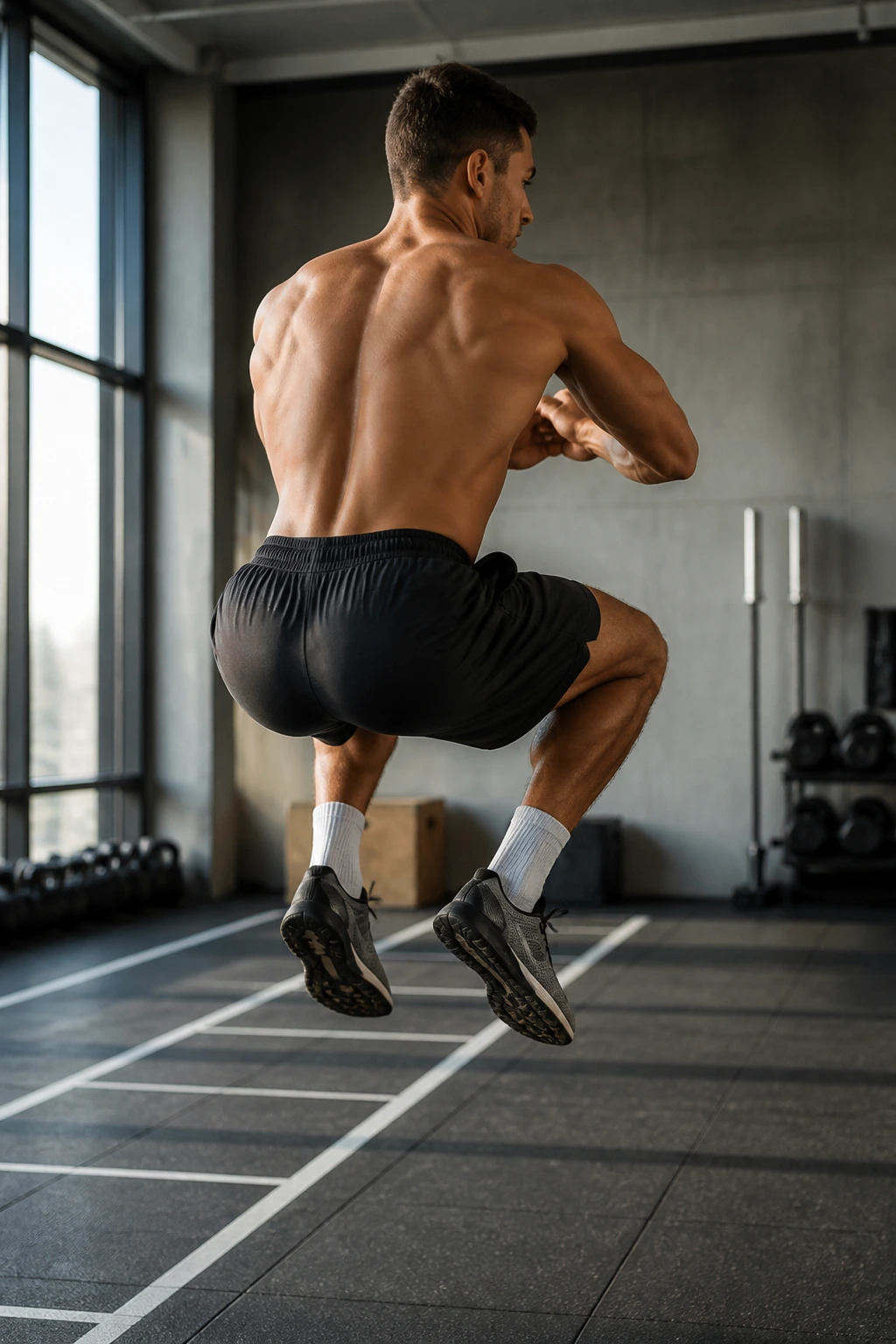 Athlete performing rotational 180-degree squat jump mid-air