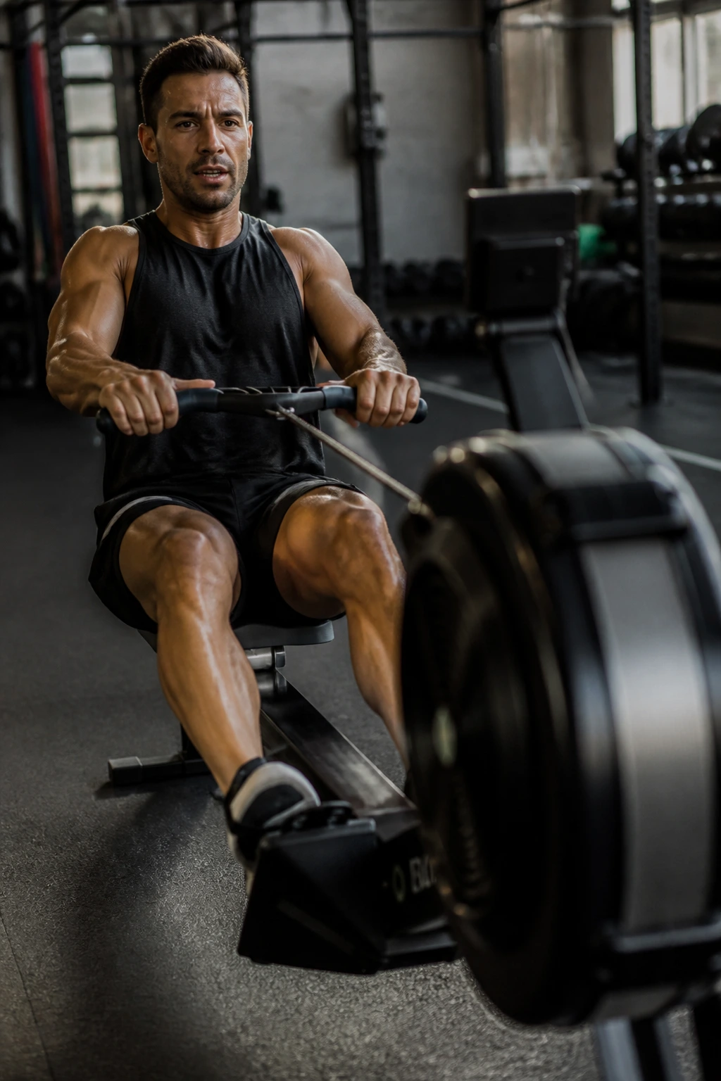 Medium shot of a person rowing on a gym rowing machine