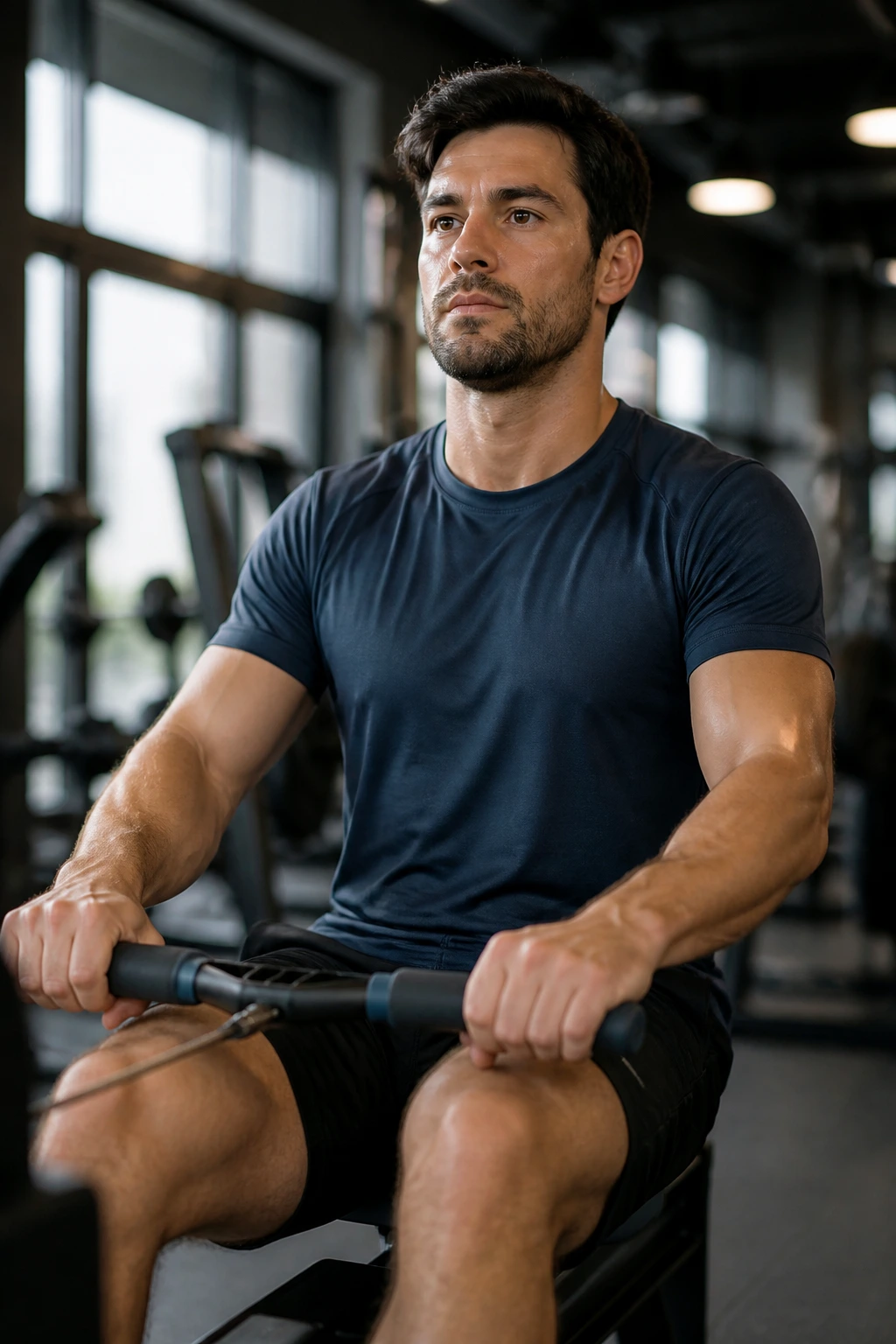 Person rowing in a gym during a steady, relaxed recovery session.