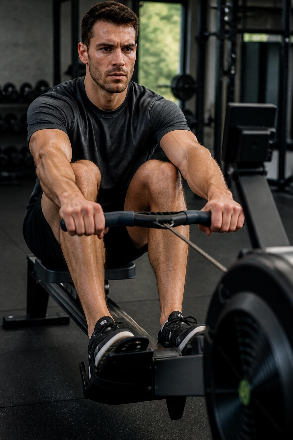 Close-up of a person on a rowing machine mid-stroke in a gym