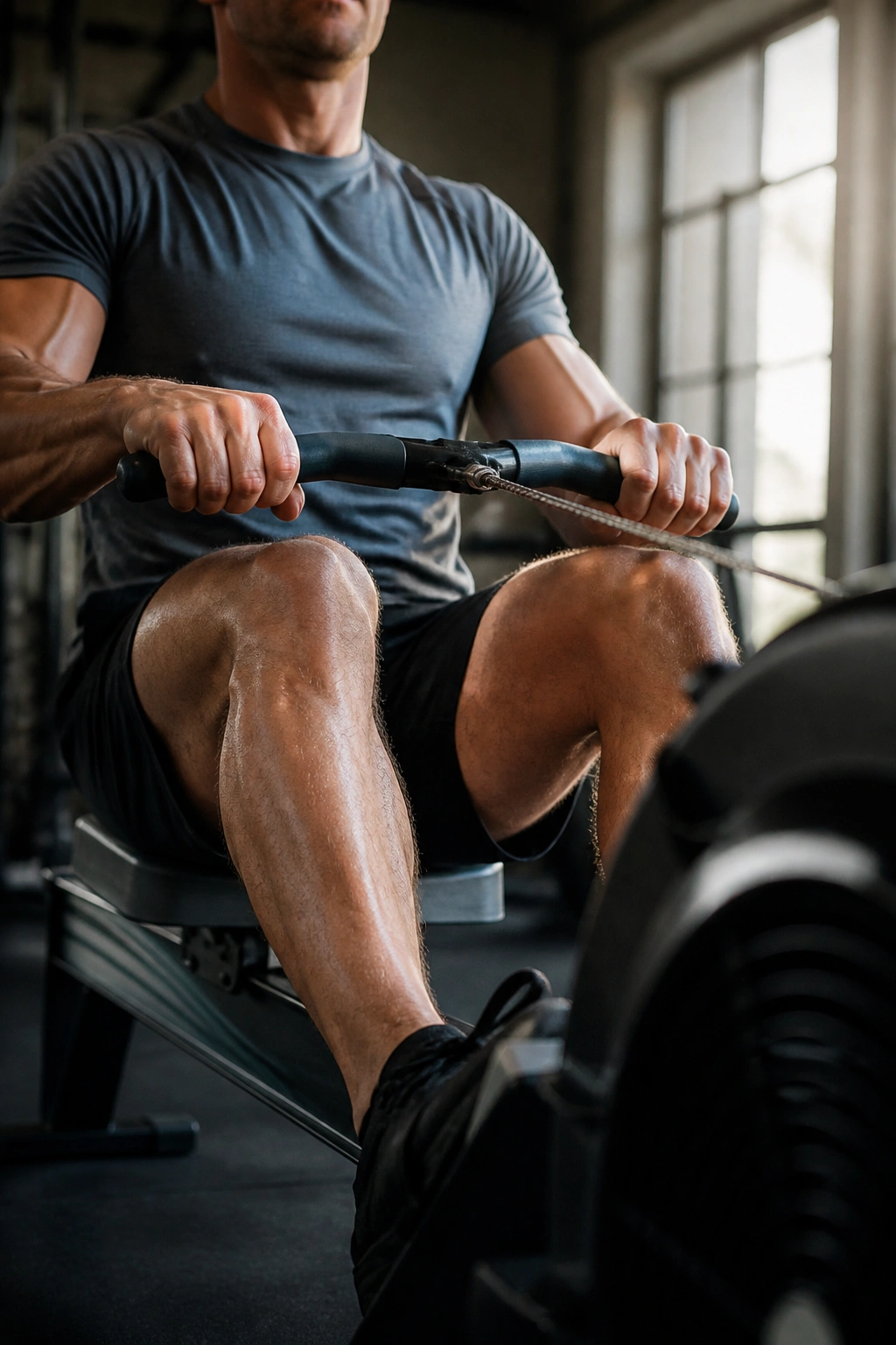 Lifter performing rowing intervals on a rowing erg in a gym.