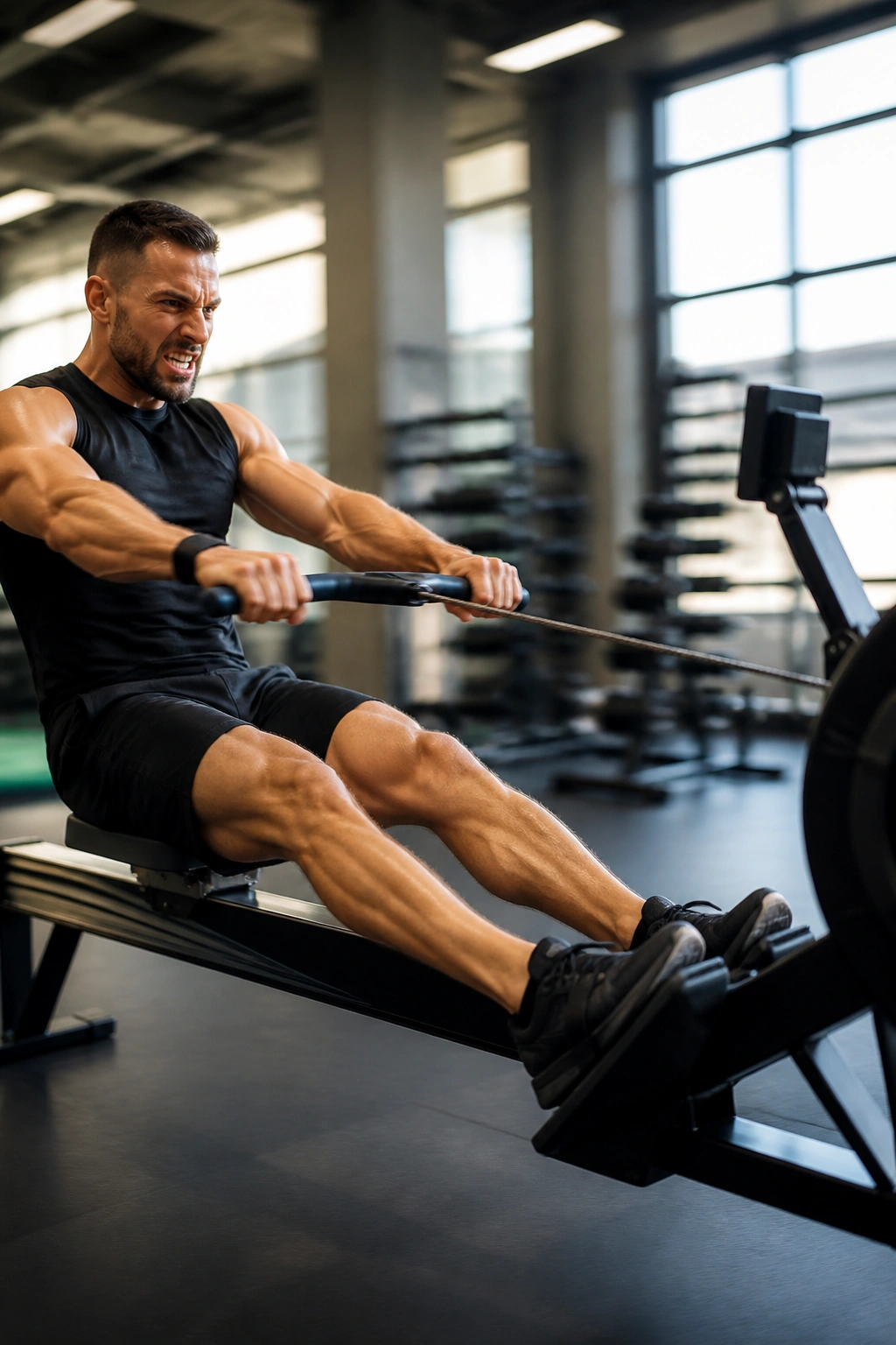 Athlete sprinting on rowing machine in gym