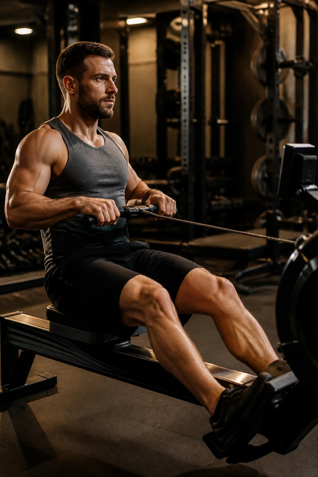 Person on rowing machine with strong back engagement in gym