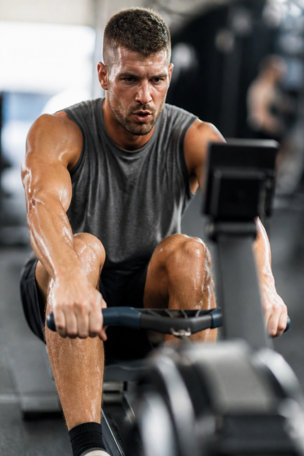 Close-up of athlete rowing intensely on a rowing machine in a gym