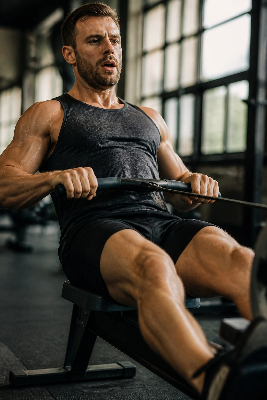 Athlete rower mid-stroke on a rowing machine during interval repeats