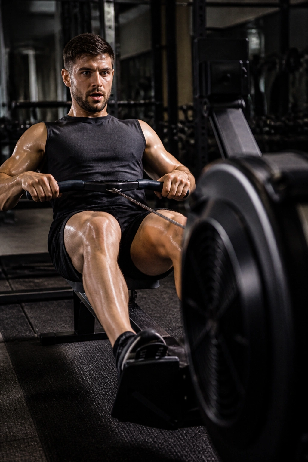 Close-up of a person rowing with intensity on a rowing machine in a gym