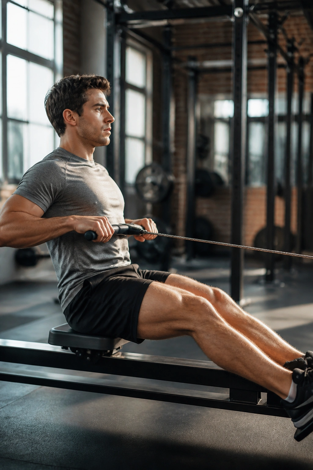 Person rowing on a machine in gym during intervals
