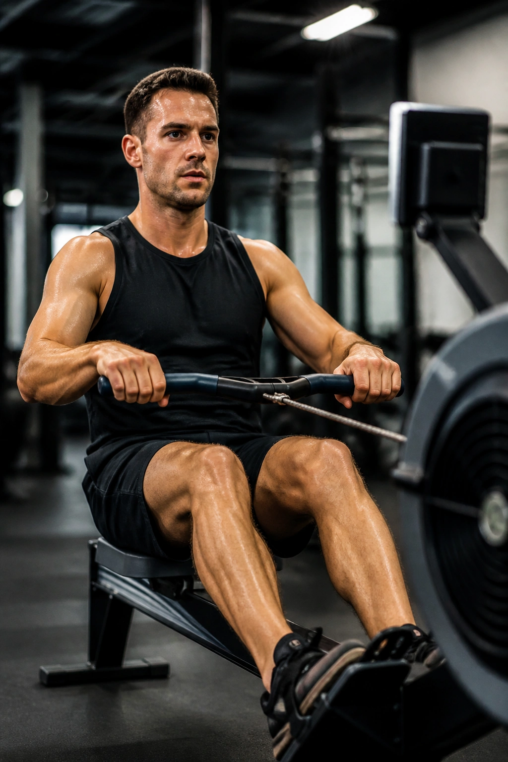 Athlete rowing during power intervals on a rower in a gym