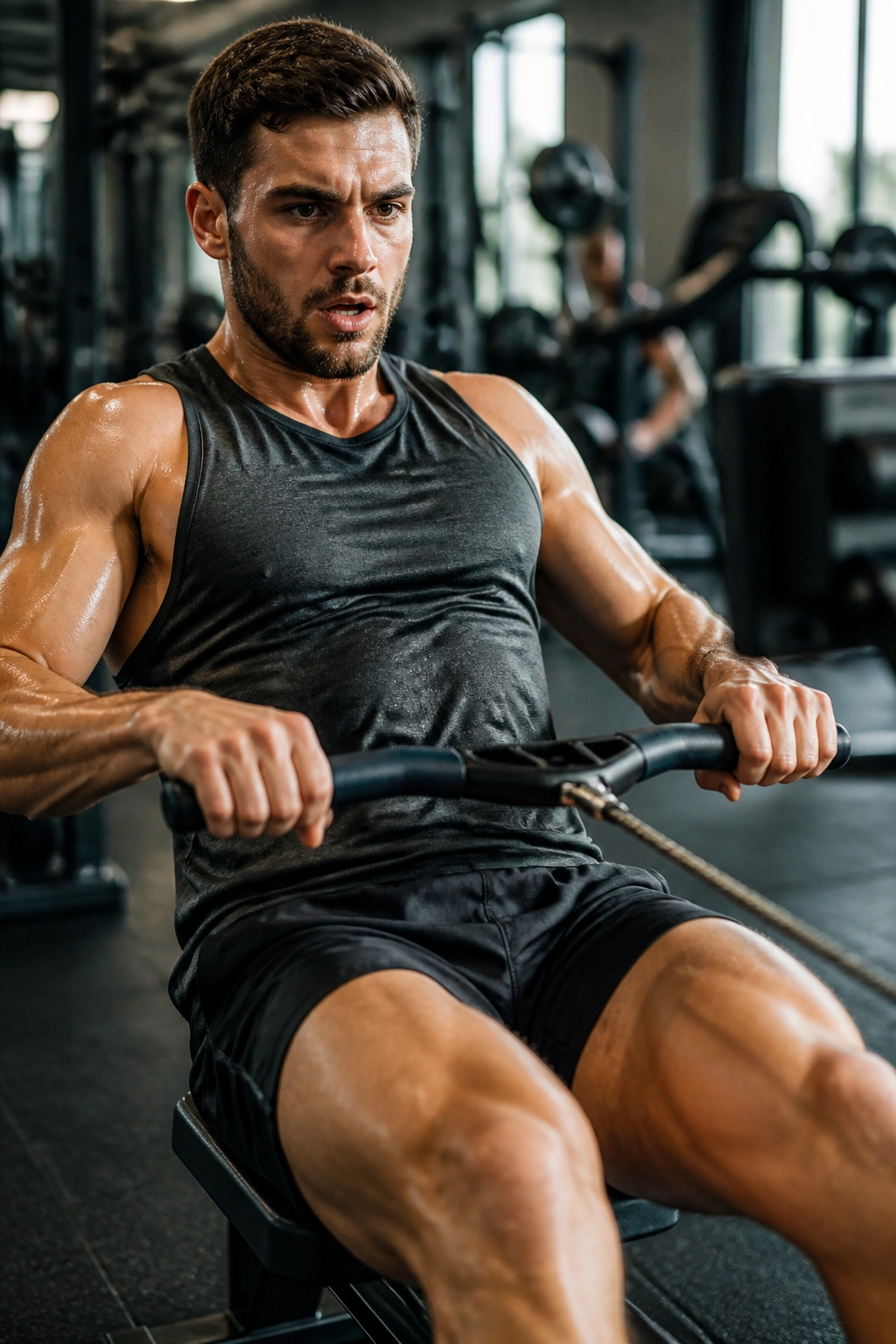 Close-up of athlete's arms and torso gripping rowing handle during interval training on a rower in a gym