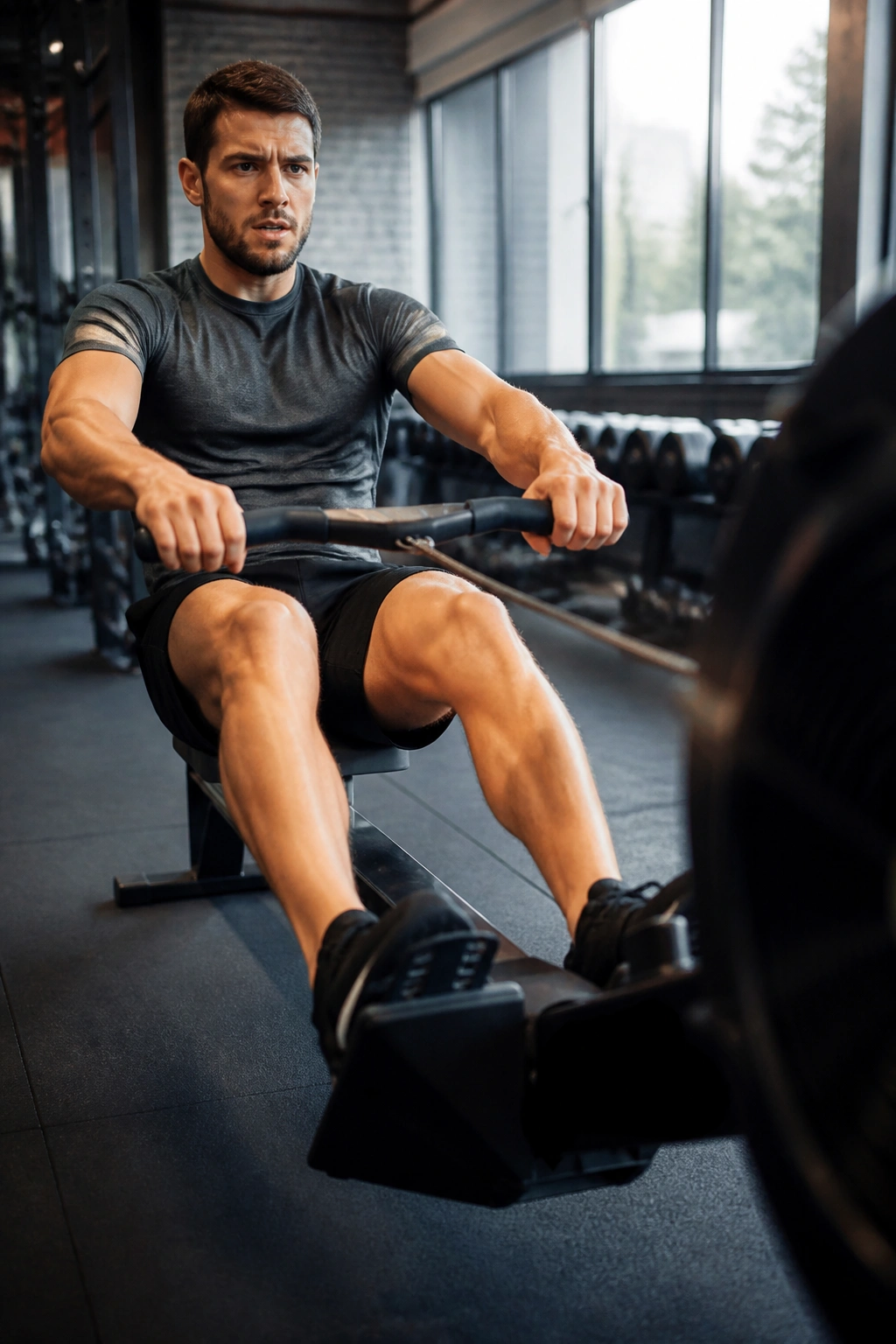 Medium close-up of a person rowing on a machine in a gym