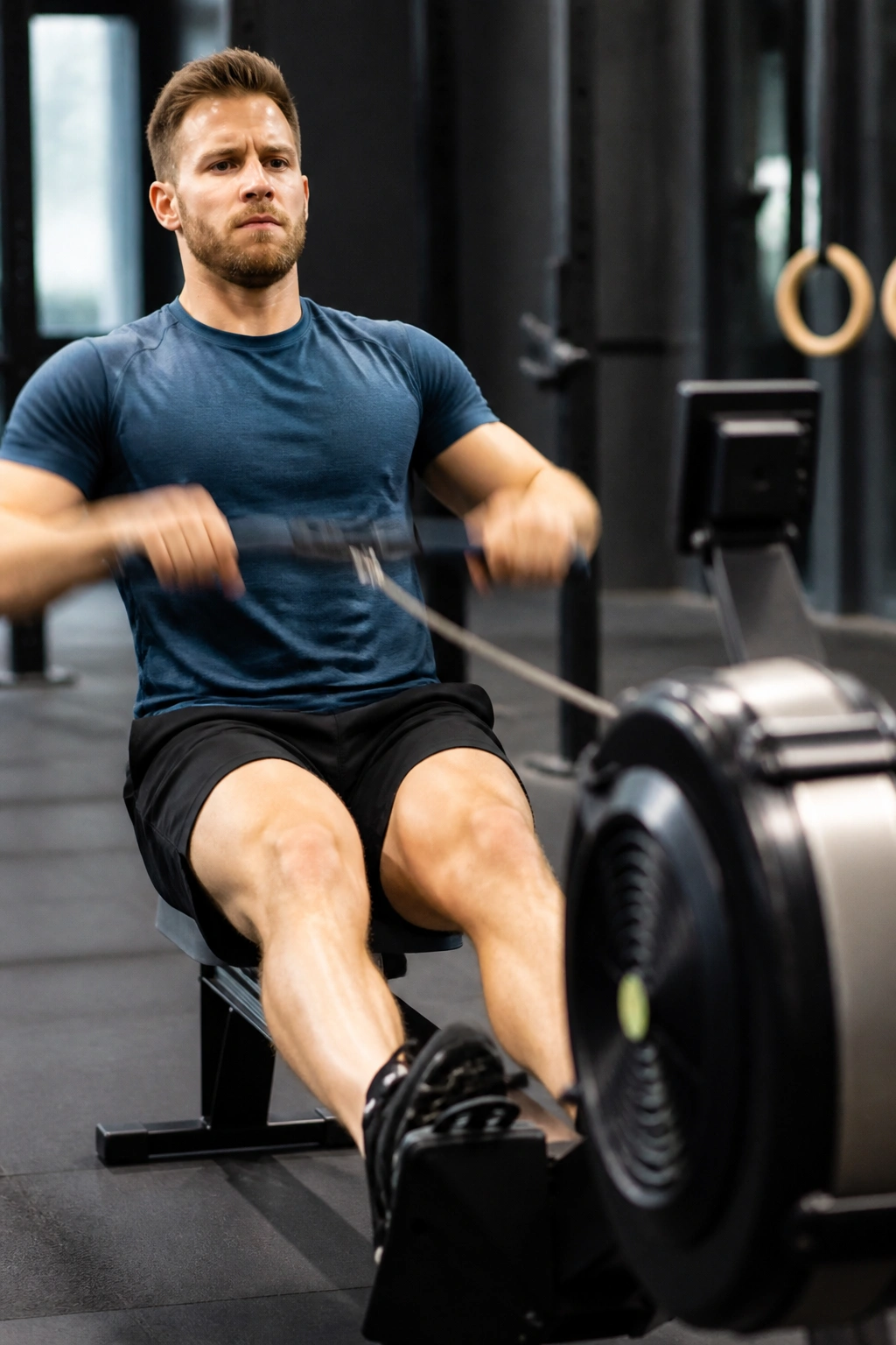 Person rowing on a gym rowing machine with strong form