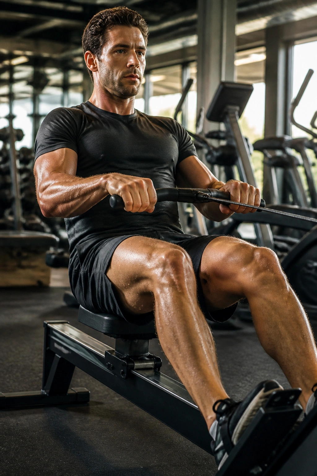 Close-up of a person rowing on a machine mid-interval in a gym