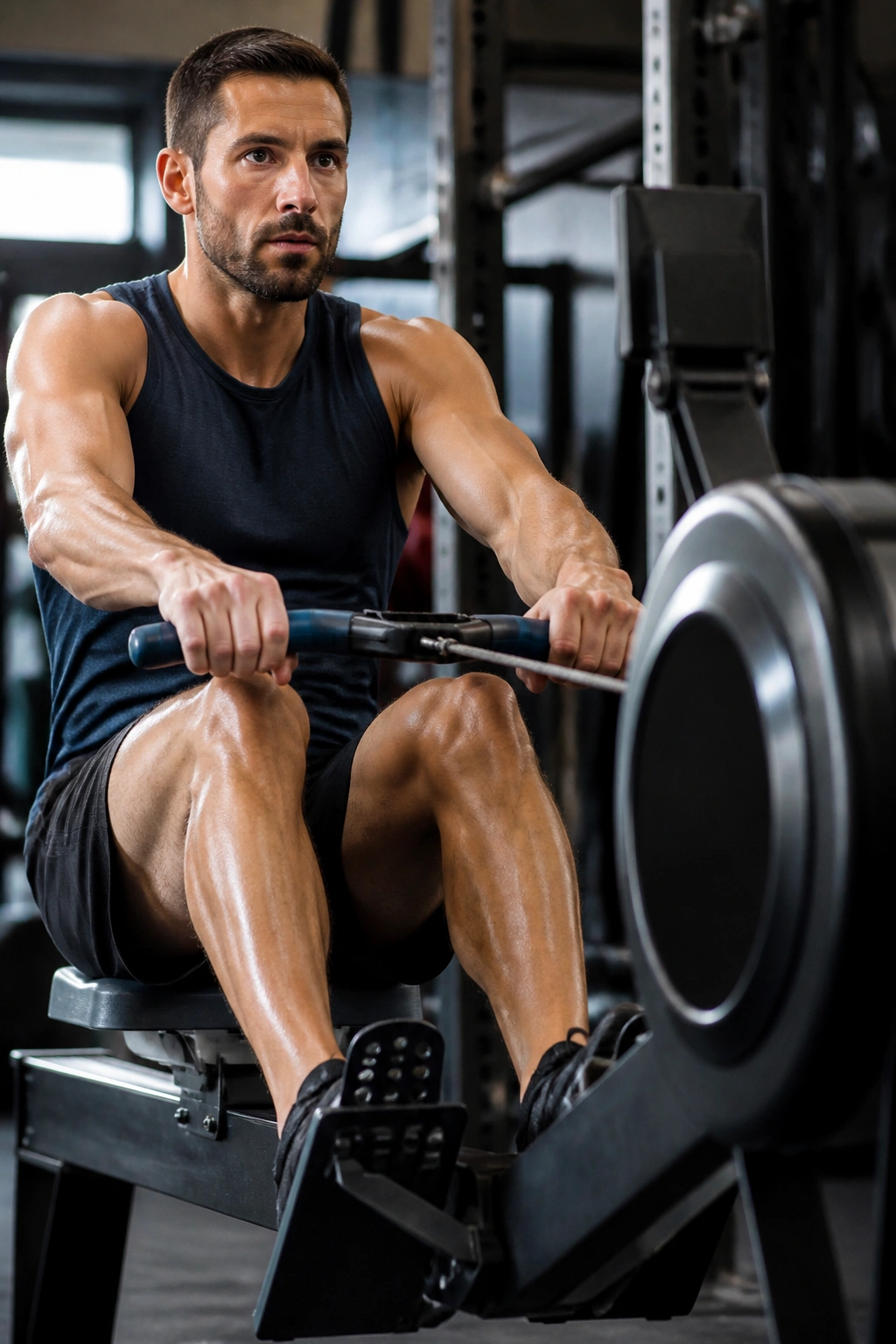 Person on rowing machine performing power intervals in gym