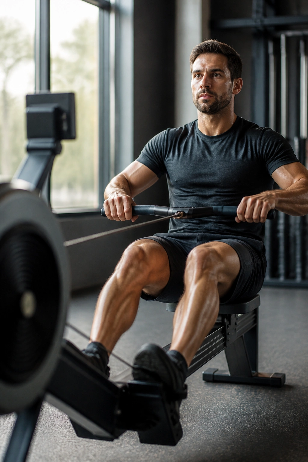 Mid-shot person on rowing machine focusing on leg-driven stroke