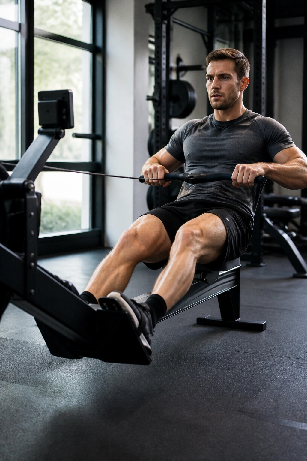 Athlete rowing vigorously on a gym rowing machine