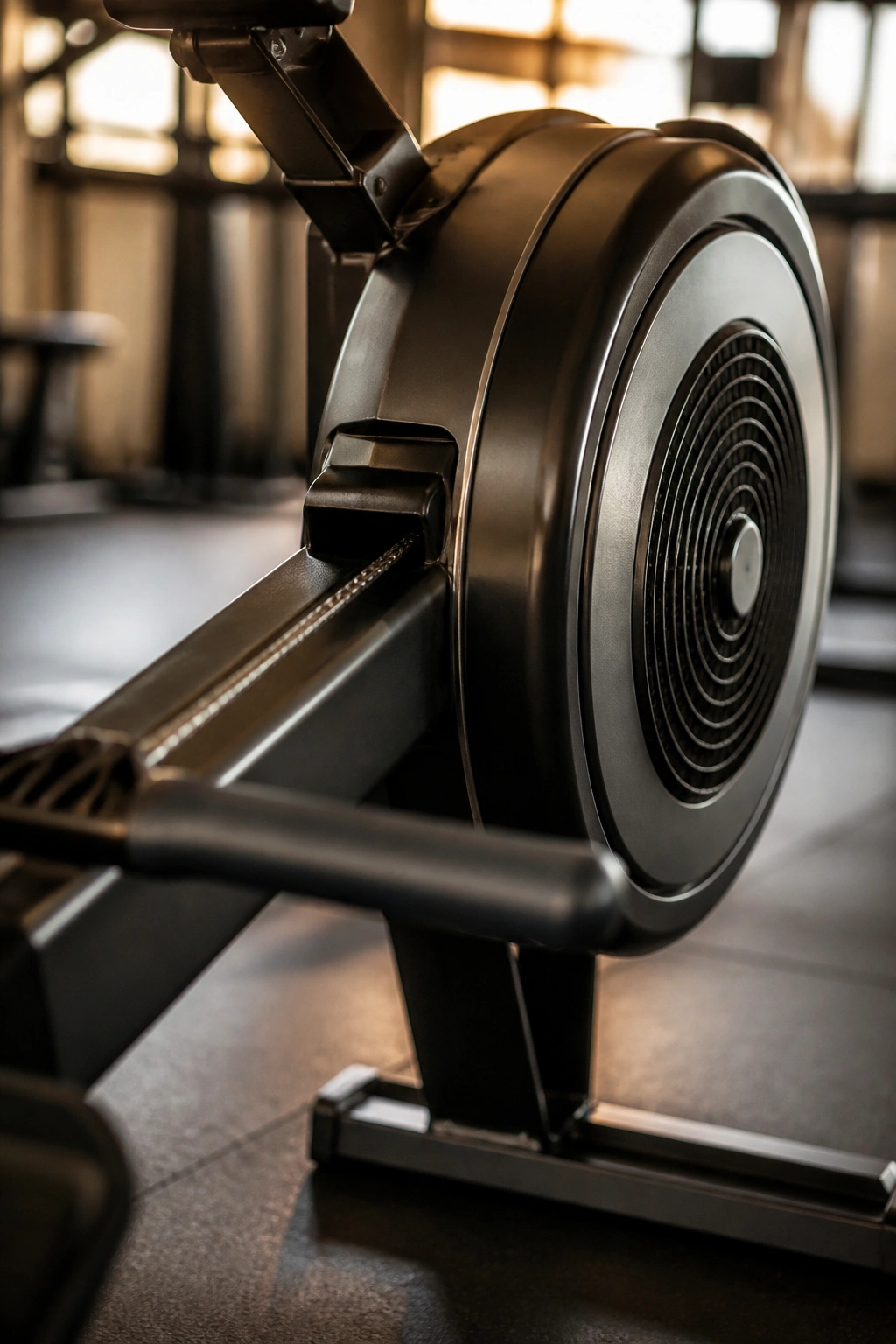 Rowing machine handle and flywheel in action
