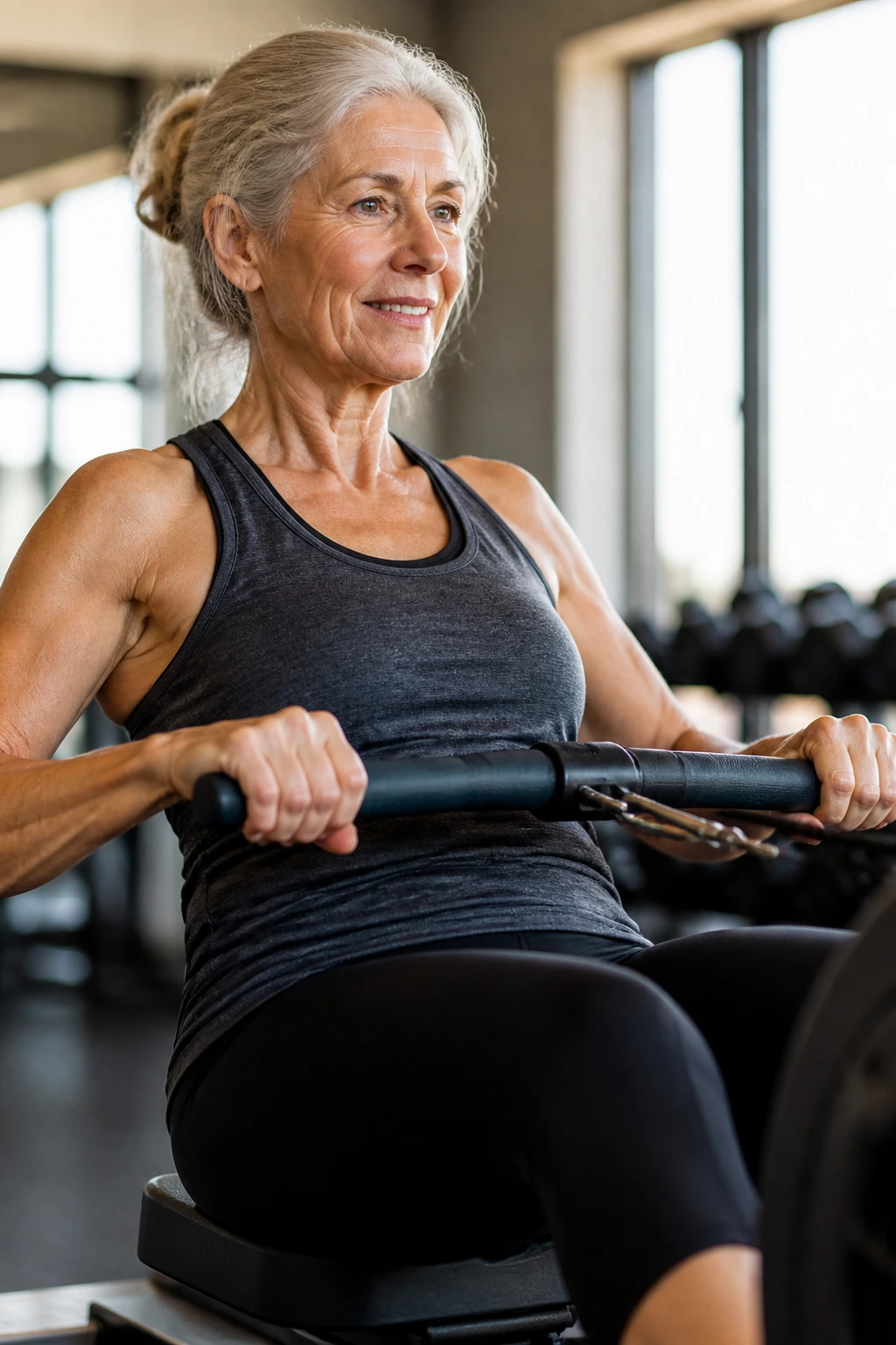 Woman rowing on a machine with proper form in a well-lit gym