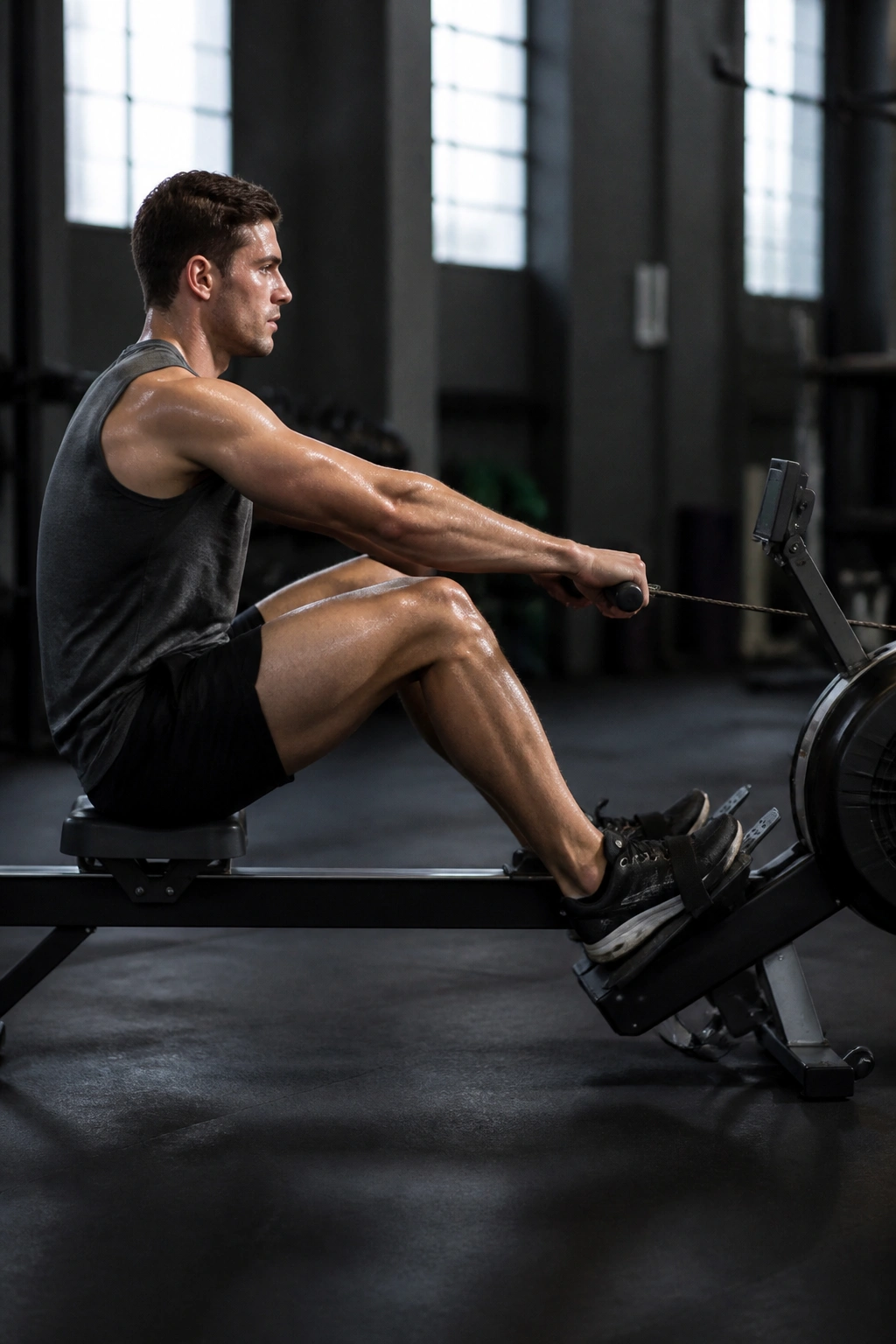 Person rowing on a rowing machine in gym