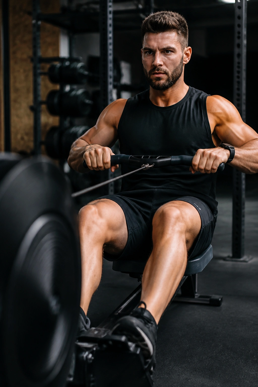Person on a rowing machine mid-stroke in a gym setting