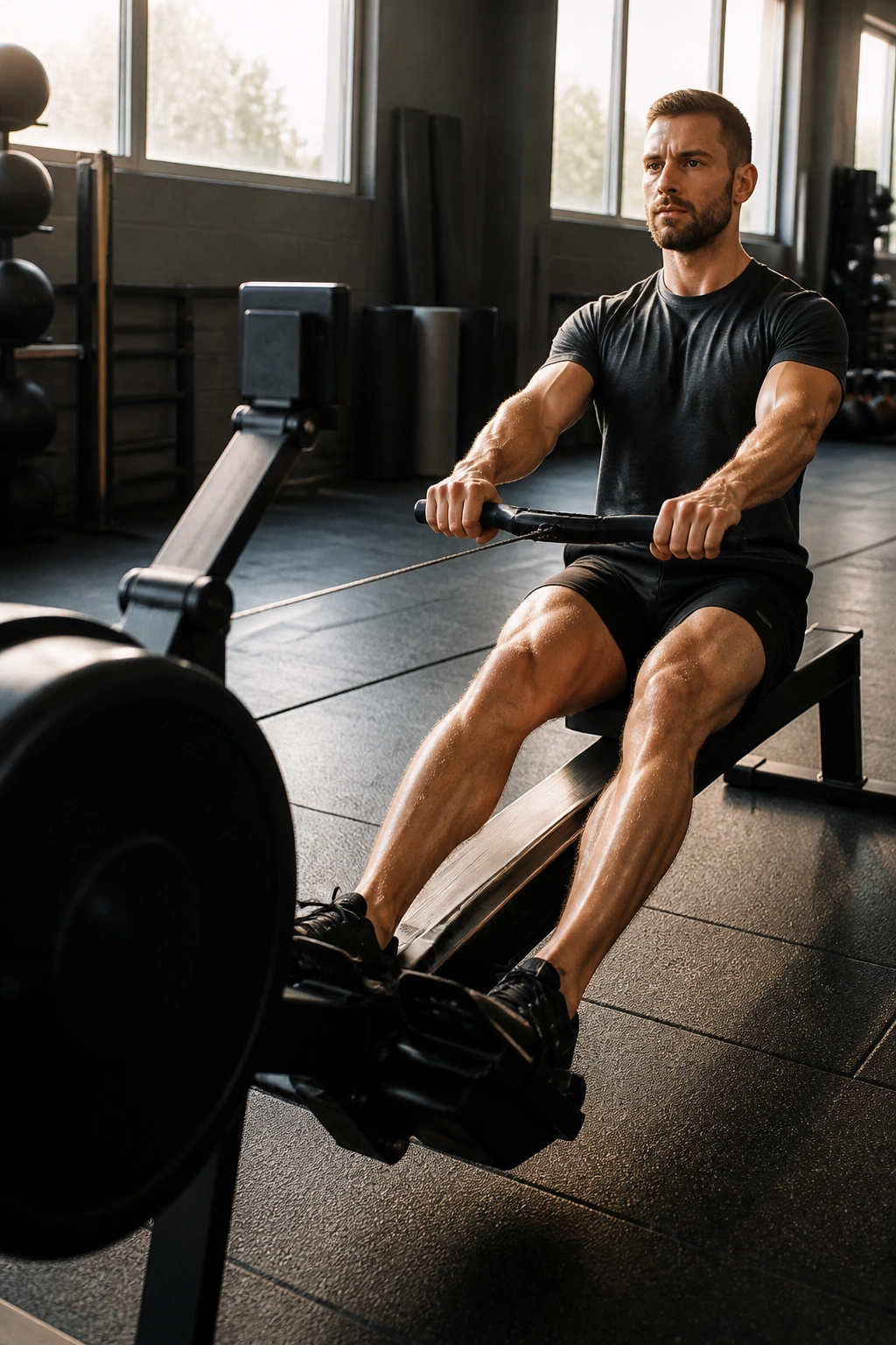 Person rowing on a rowing machine in a gym.