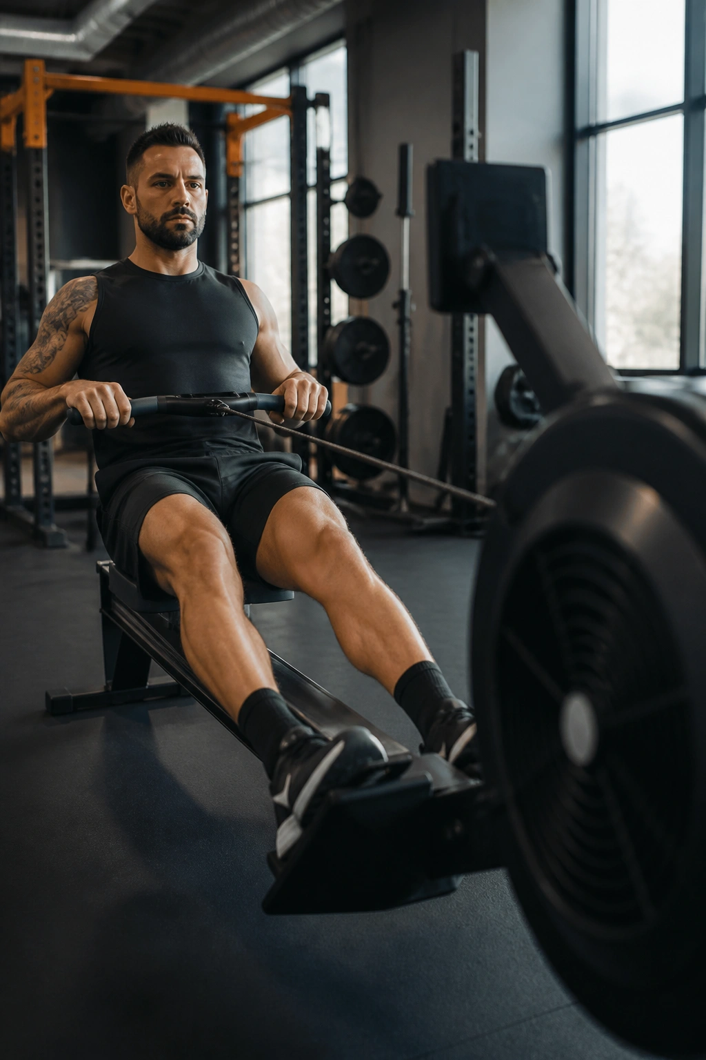 Person using a rowing machine with full-body engagement