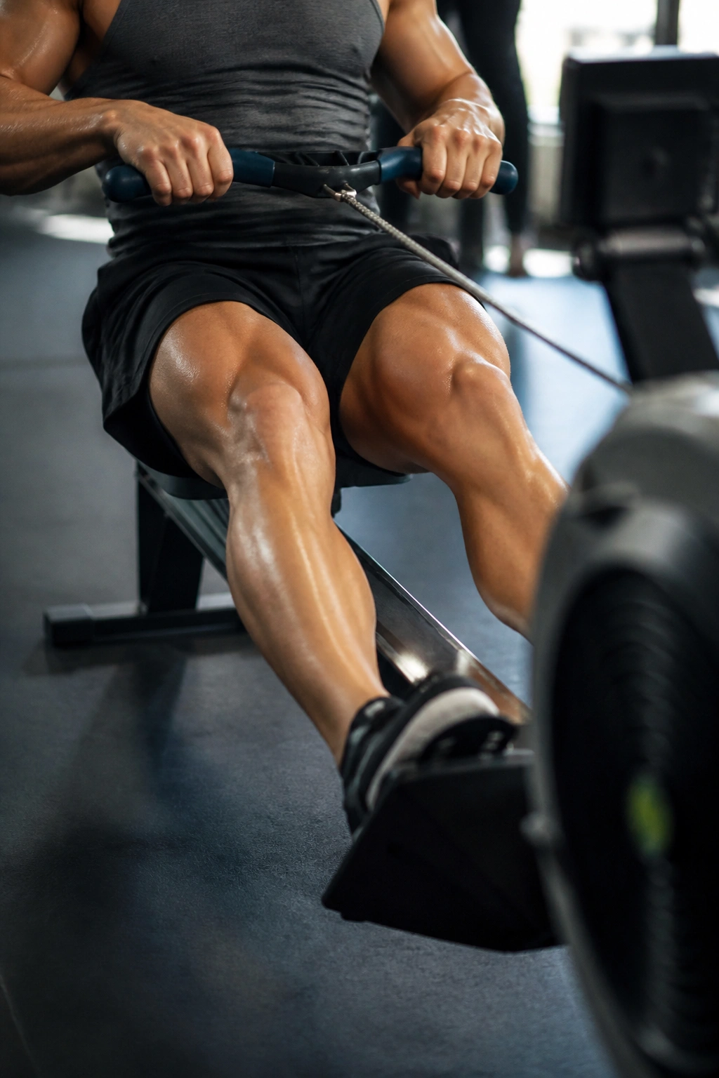 Close-up of a rower's legs and core during a rowing stroke on a gym machine