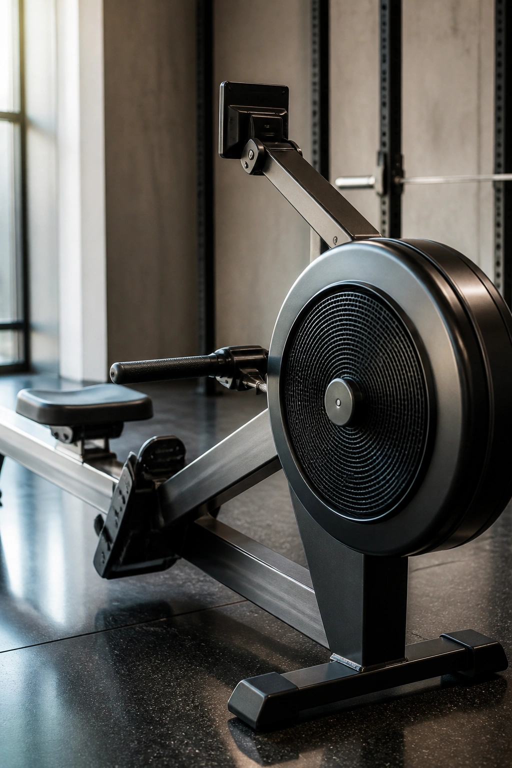 Rowing machine dominates frame in a gym corner.