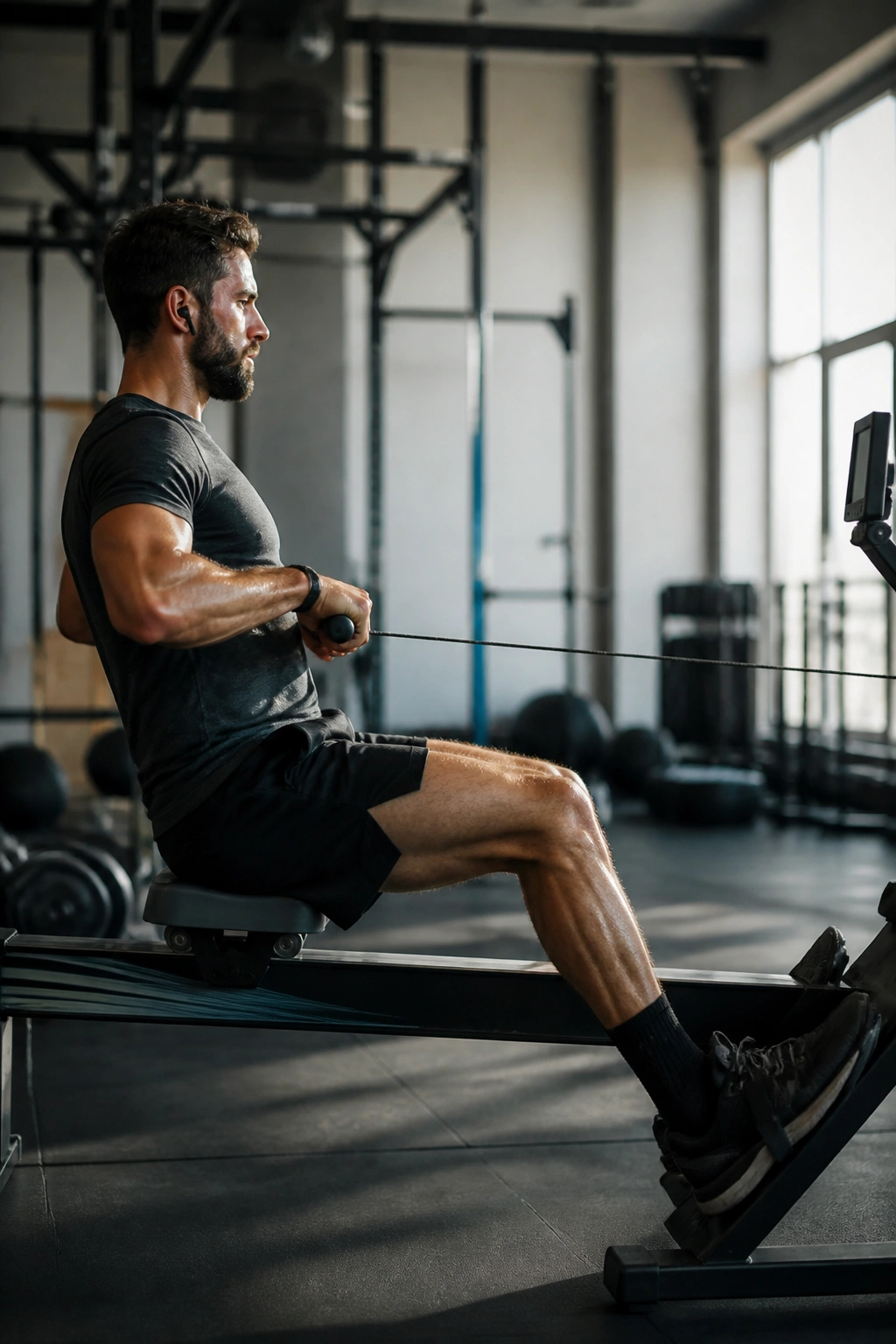 Person rowing intensely on a gym rowing machine
