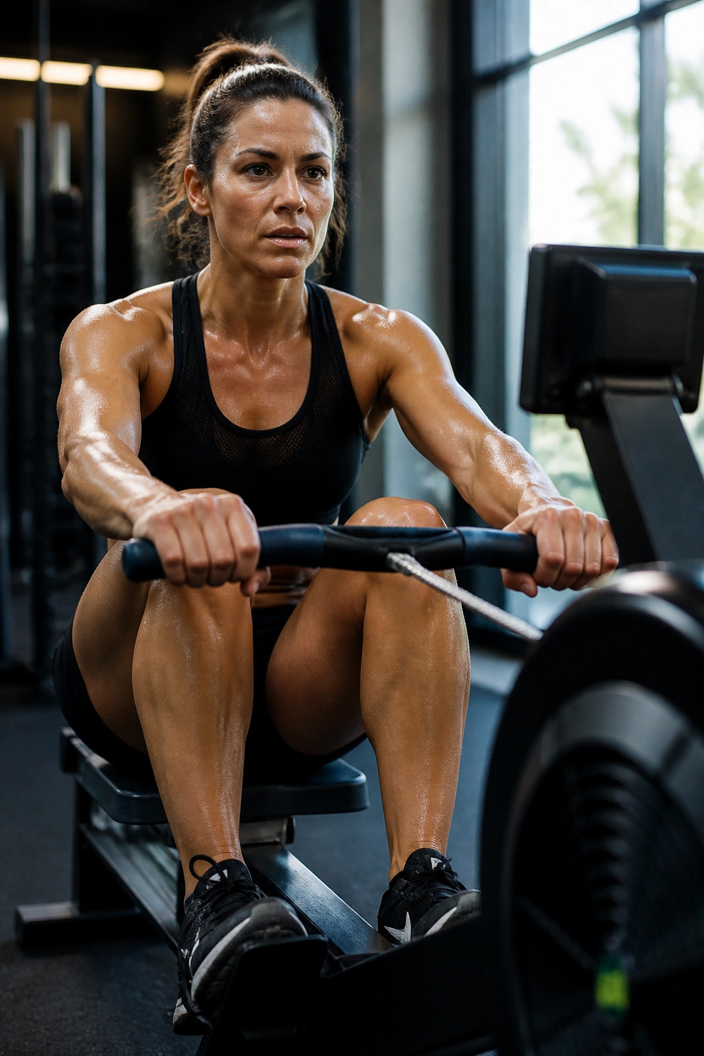 Person vigorously rowing on a gym rowing machine