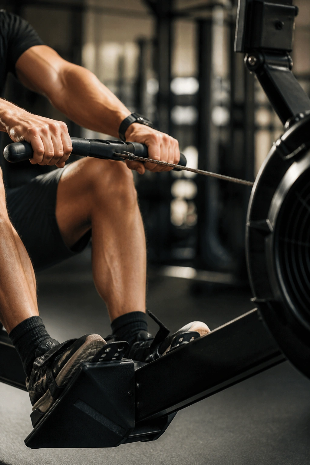 Close-up of hands on rowing machine handle during drive phase in gym