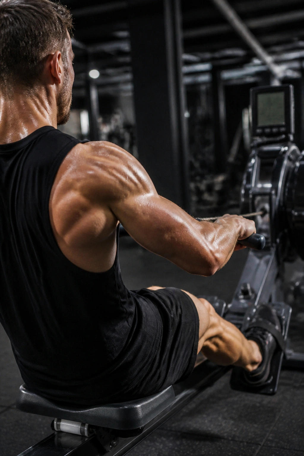 Rower mid-sprint on a rowing machine during a 20-minute HIIT session