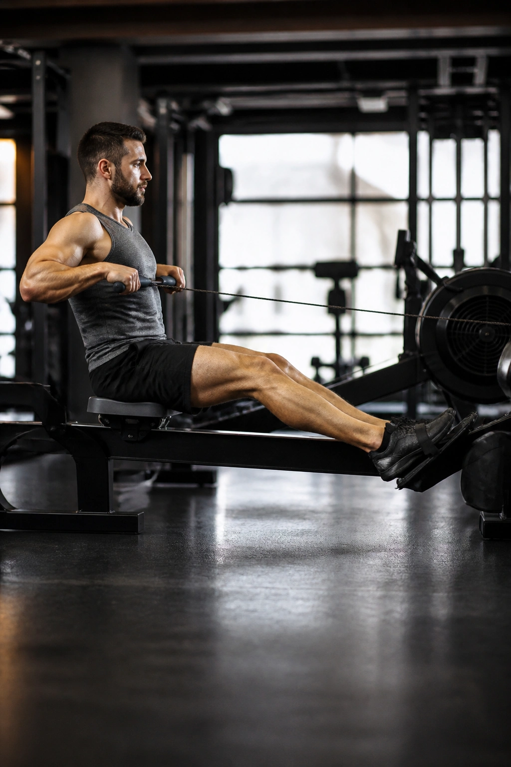 Person rowing on a gym rowing machine in motion