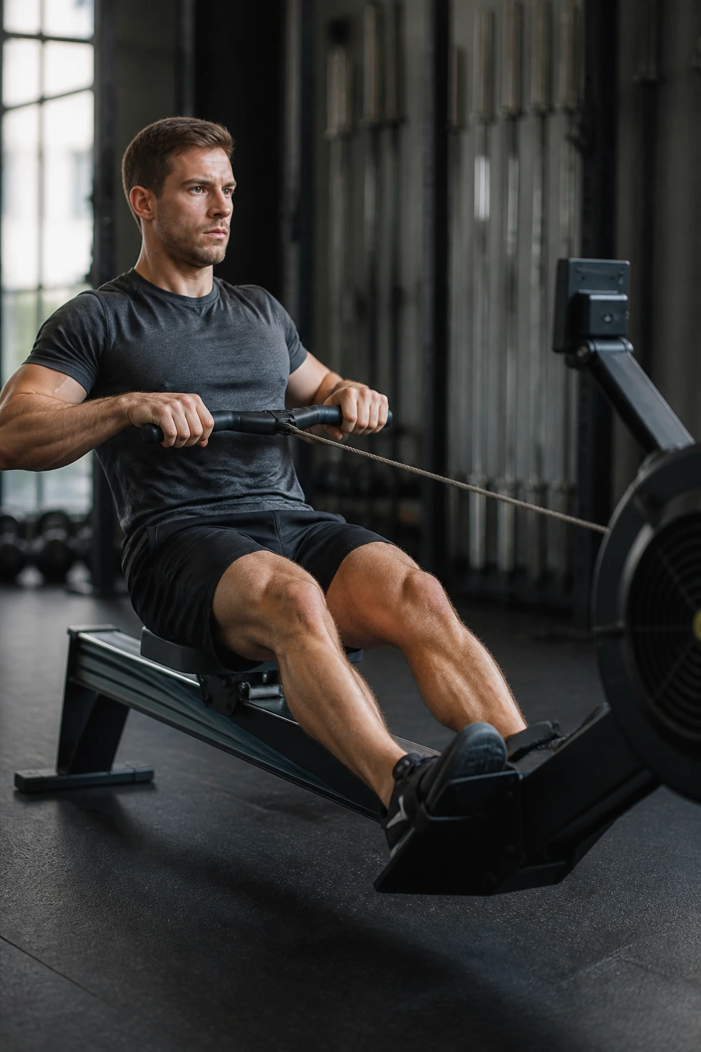 Athlete rowing intensely on a rowing machine in a gym
