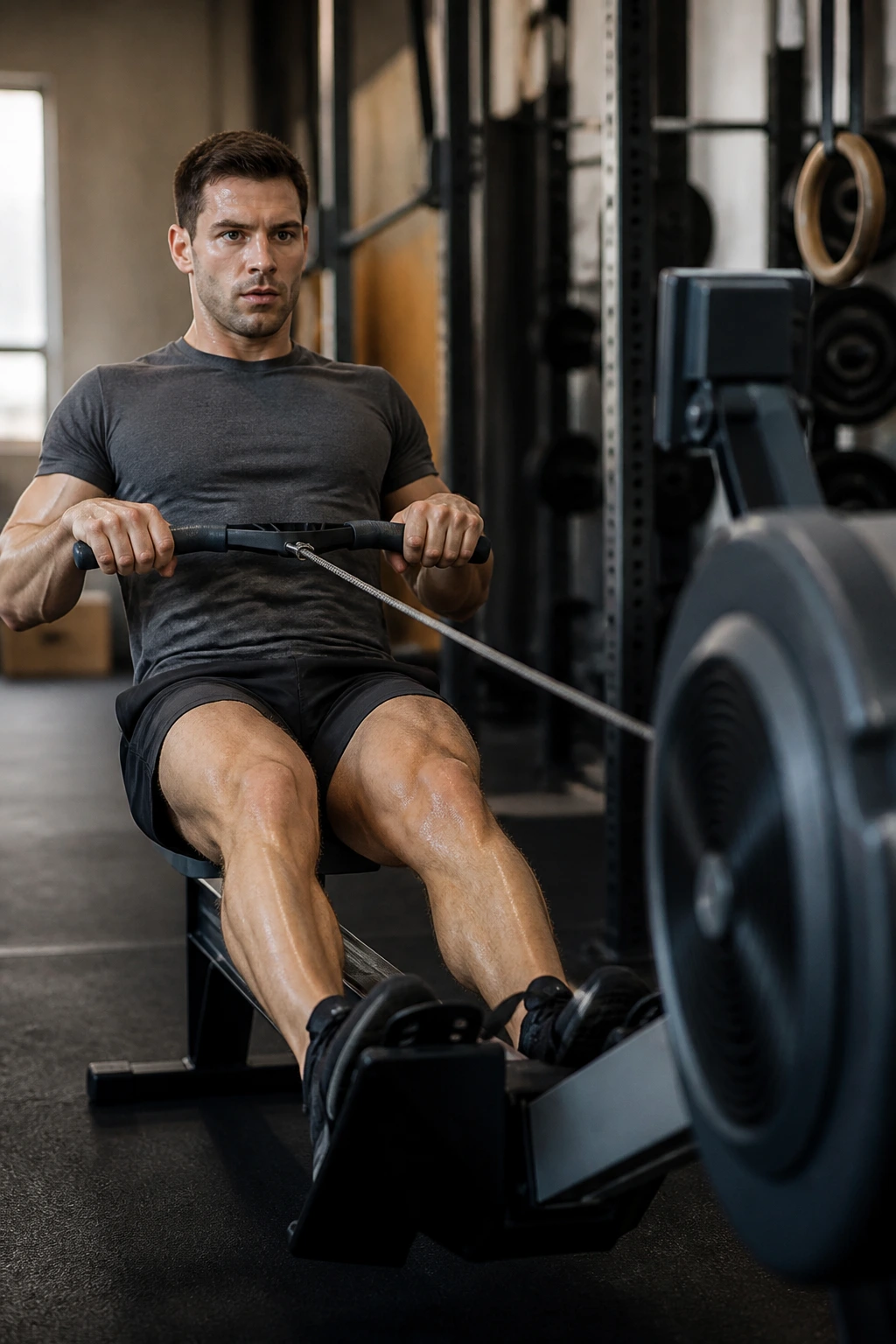 Person rowing on a machine indoors in mid-stroke