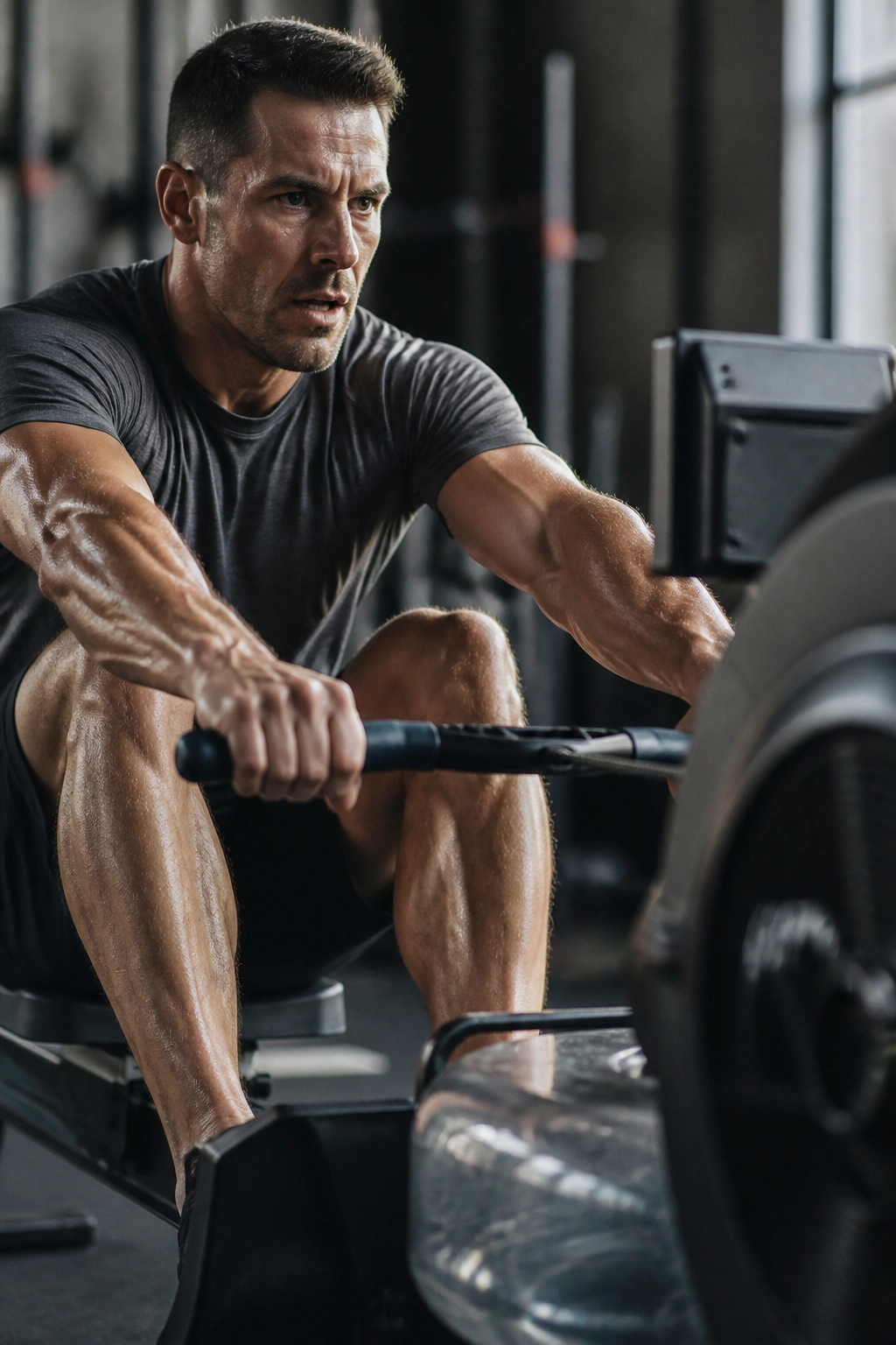 Close-up of a person rowing with intensity on a rowing machine