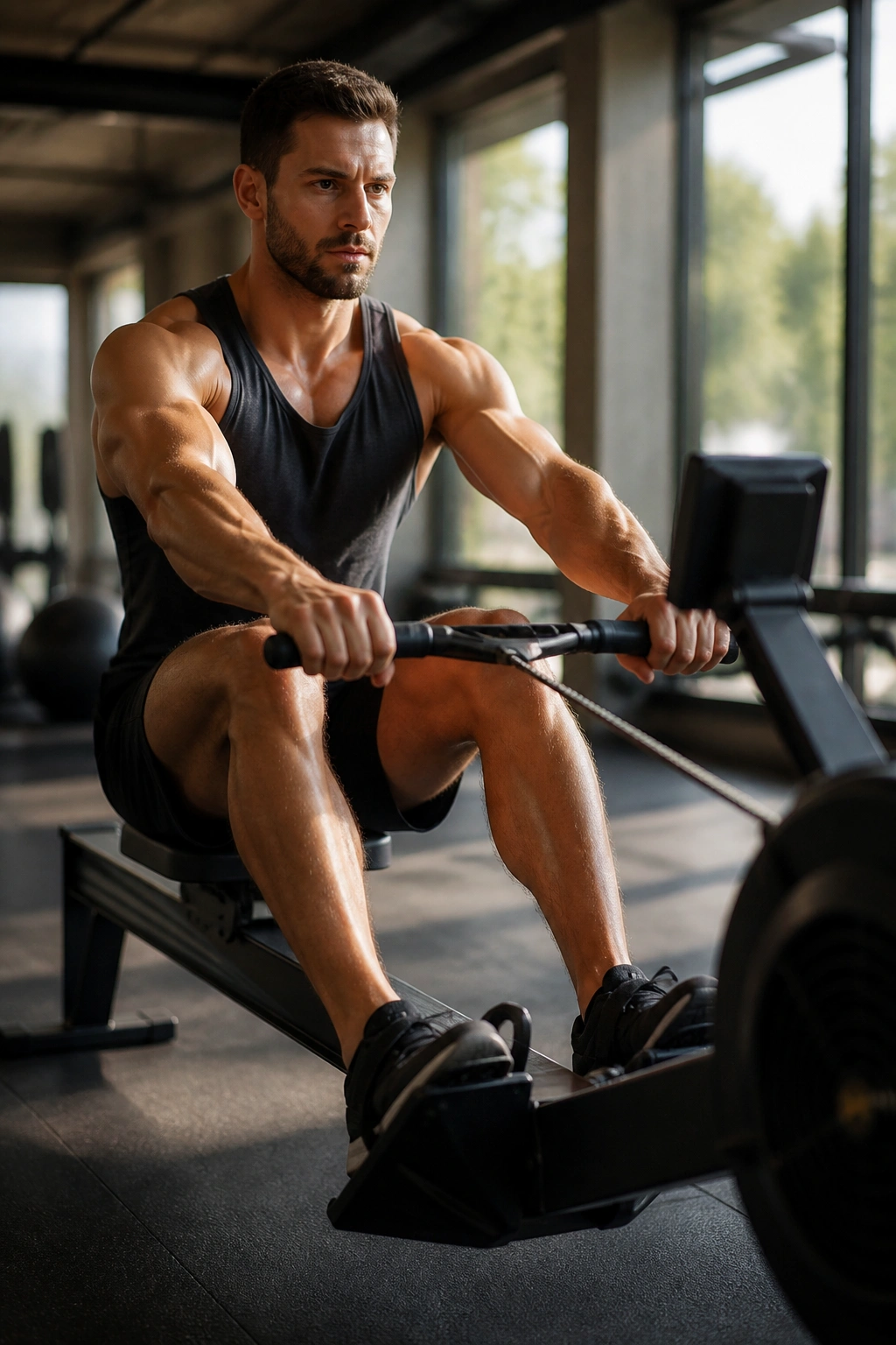 Person on a rowing machine during a power interval in a gym.